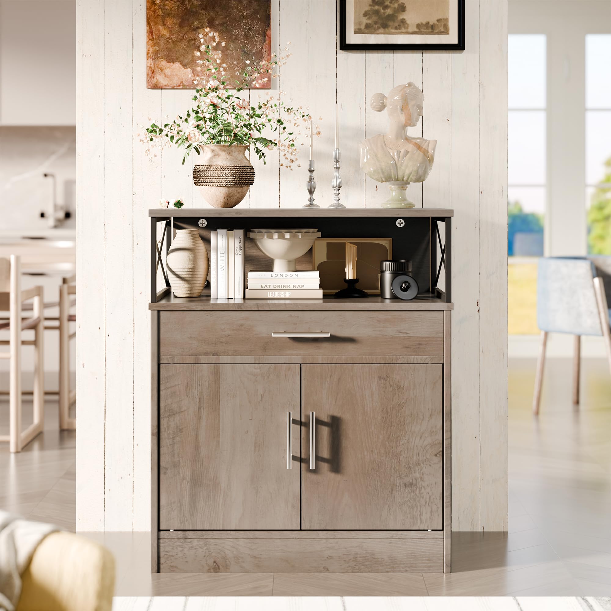 Farmhouse Style Sideboard Cabinet with 2 Doors & 1 Drawer - Rustic Wooden Buffet Storage Cabinet with Adjustable Shelves for Kitchen, Dining Room or Living Room - Perfect for Home Organization & Displaying Decor