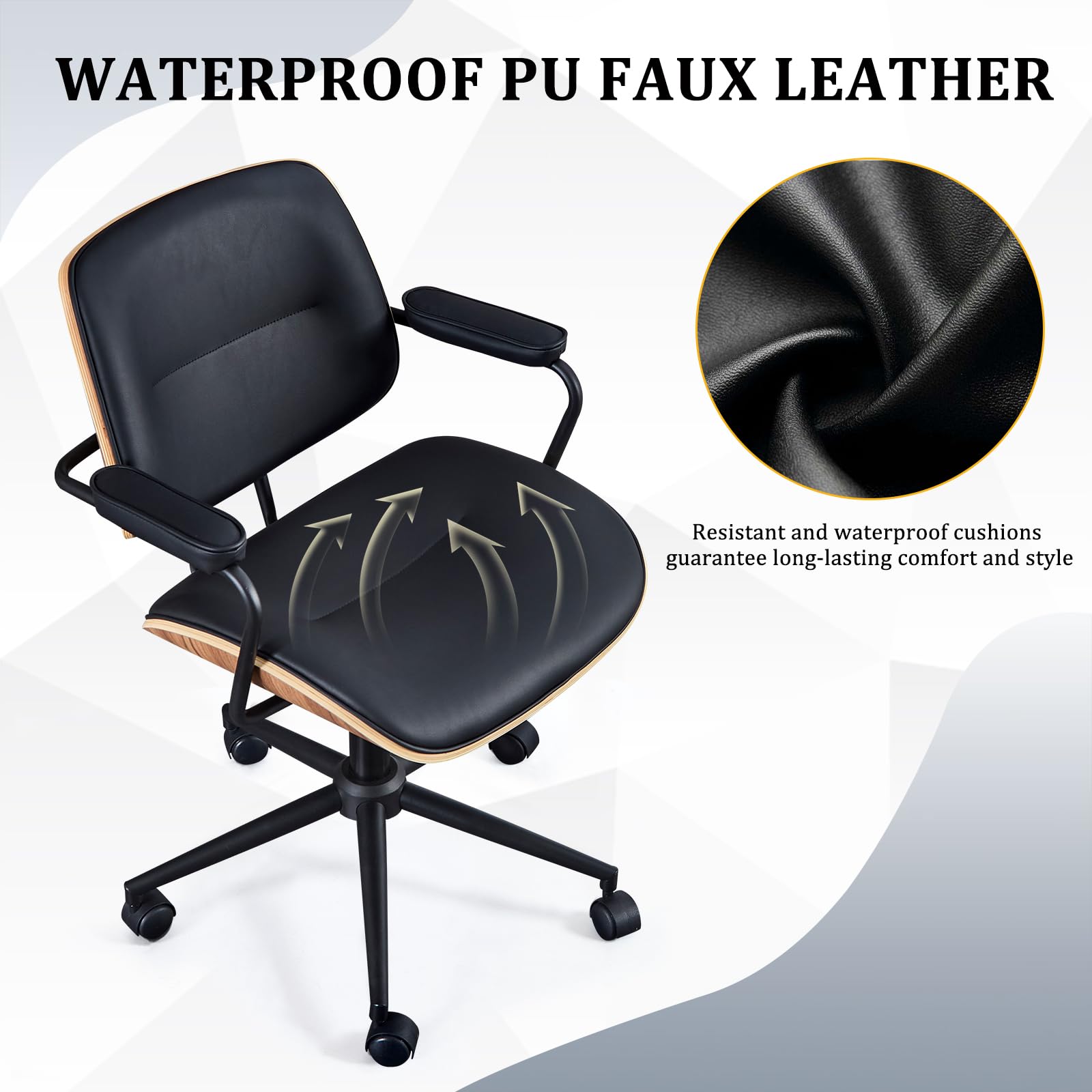 Mid Century Modern Office Chair with Adjustable Height & Armrests - Walnut Back Ergonomic Desk Chair with Wheels for Home Office, Study, Reading Room - Black (Set of 1) | Perfect for Workspaces, Libraries & Cozy Home Offices