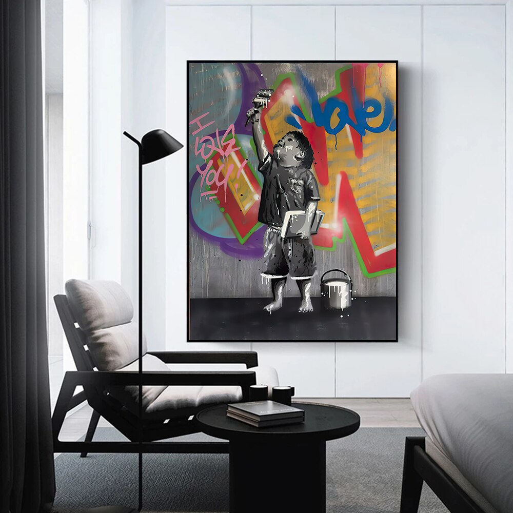 Banksy Graffiti Art Love Boy and Girl Canvas Wall Art Print - Urban Street Art Home Decor for Living Room, Bedroom & Office