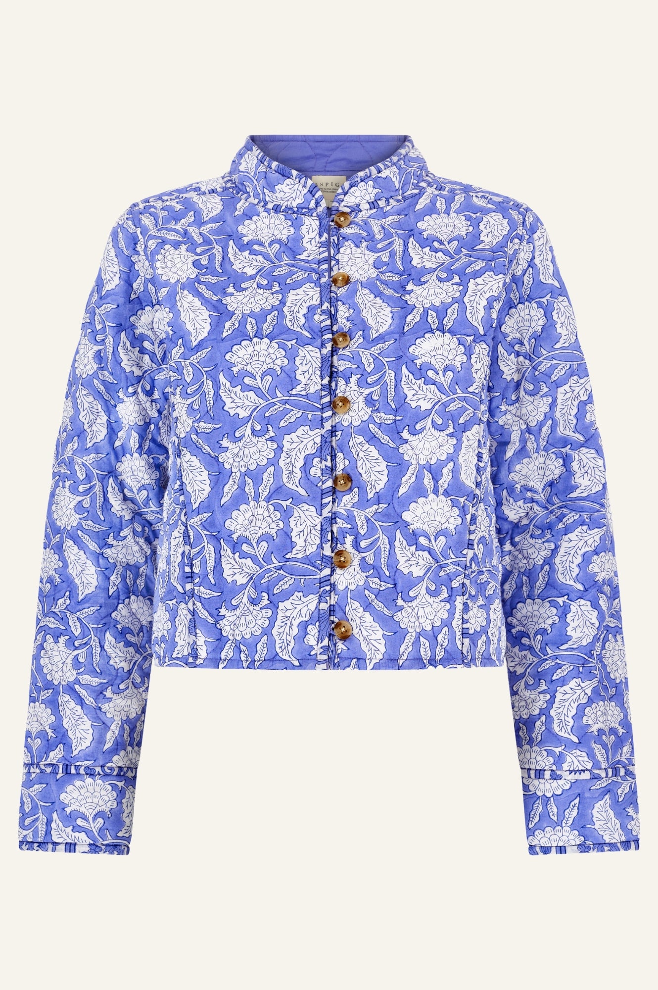 Polly Organic Cotton Block Print Quilted Jacket - Iris Blue & White | Eco-Friendly Women's Outerwear for Spring & Fall Fashion