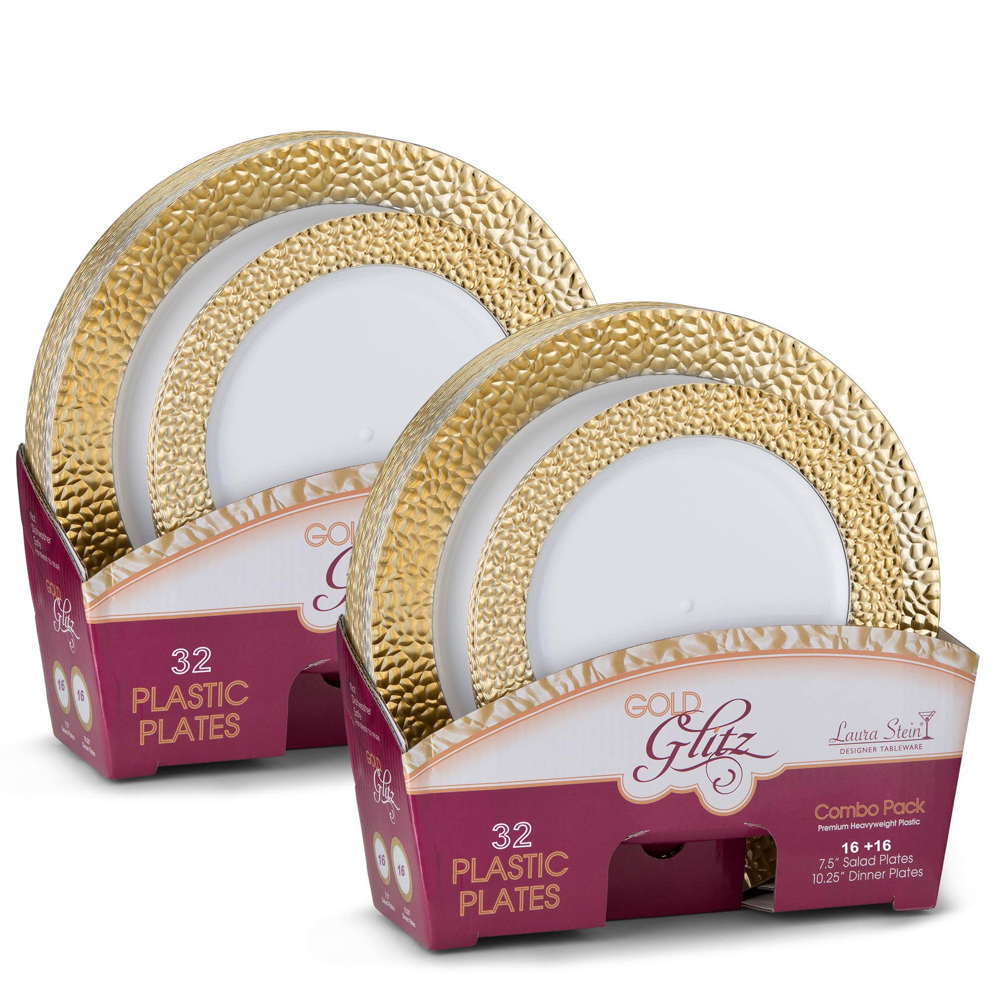 Laura Stein Designer 64-Piece Premium Plastic Dinnerware Set - White & Gold Rim Plates for Weddings, Parties, Events | 32 Dinner Plates (10.75