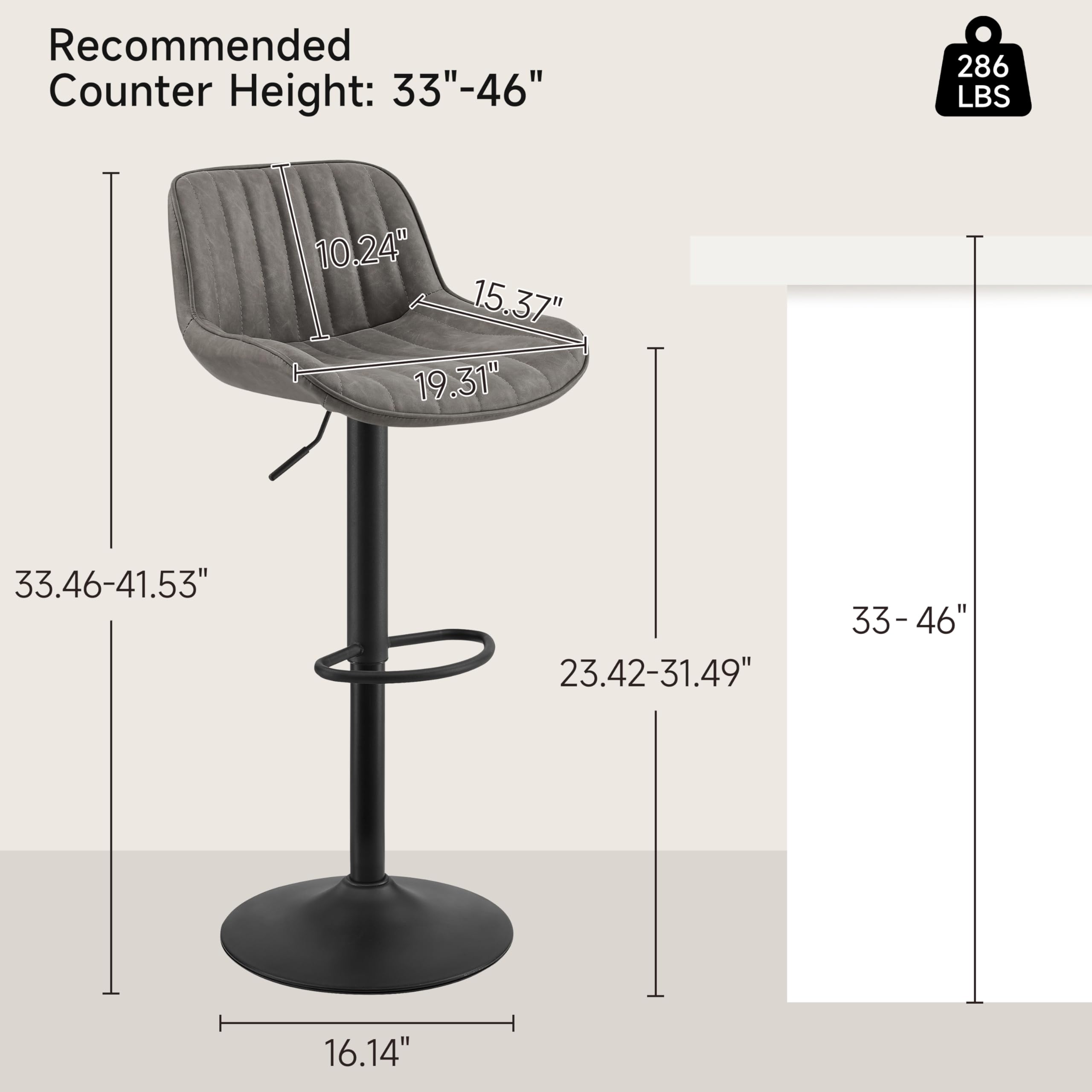 Mid Century Modern Swivel Bar Stools for Kitchen Counter - Adjustable Height Bar Chairs with Back, Vintage PU Leather Kitchen Island Stools (Black Base, Gray, Set of 2) - Perfect for Breakfast Nooks, Home Bars & Kitchen Islands