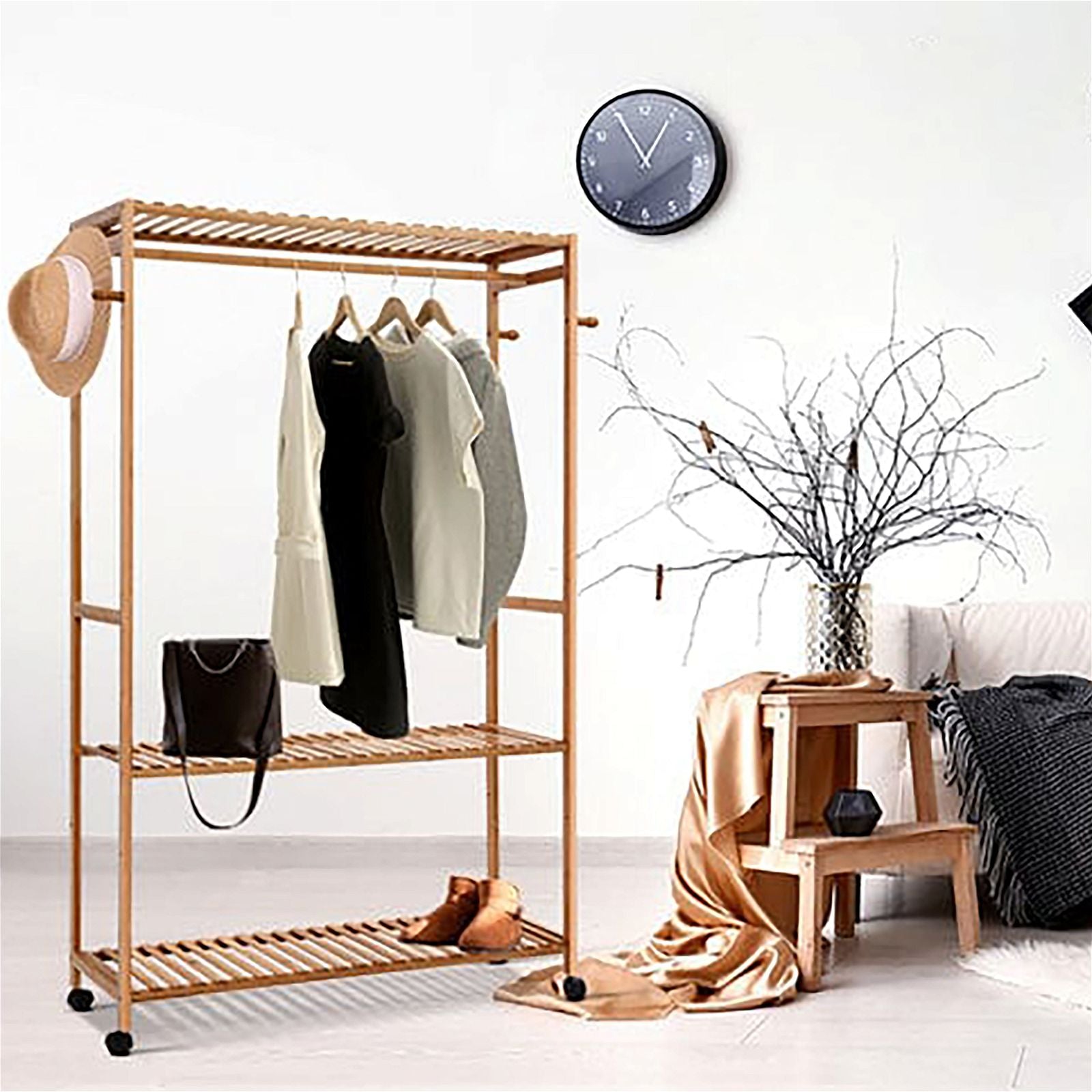 Portable Bamboo Clothes Rack - Sturdy Coat Stand Garment Hanger for Wardrobe Organization | Perfect for Small Spaces, Apartments & Dorm Rooms - Foldable & Space-Saving Design for Easy Storage