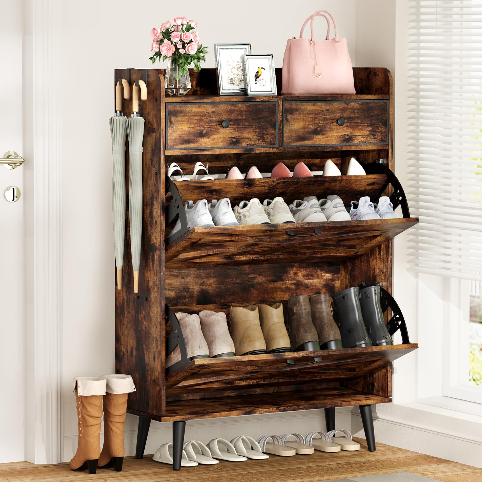 Farmhouse Shoe Storage Cabinet with 2 Flip Drawers & 2 Fabric Bins - Rustic Brown Freestanding Entryway Organizer for Narrow Spaces - Perfect for Mudroom, Closet or Small Apartment Shoe Organization
