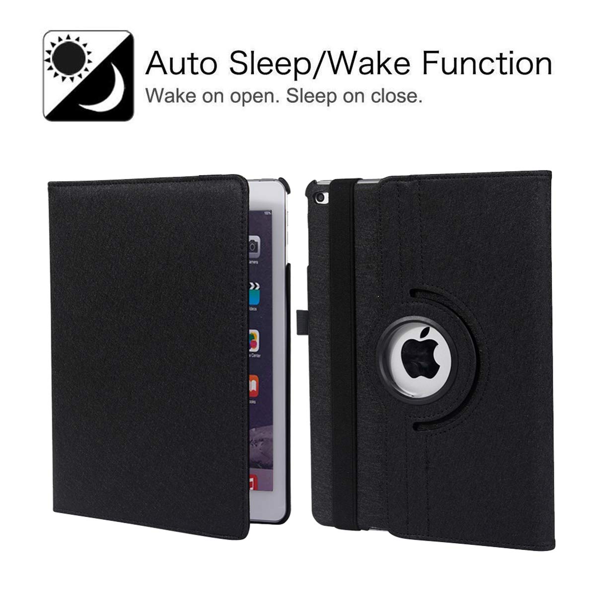 360° Rotating Stand Protective Case for iPad 9.7 inch (5th/6th Gen) & iPad Air 2 - Auto Sleep/Wake Smart Cover with Shockproof Design - Perfect for Work, Travel & Home Use (Black)
