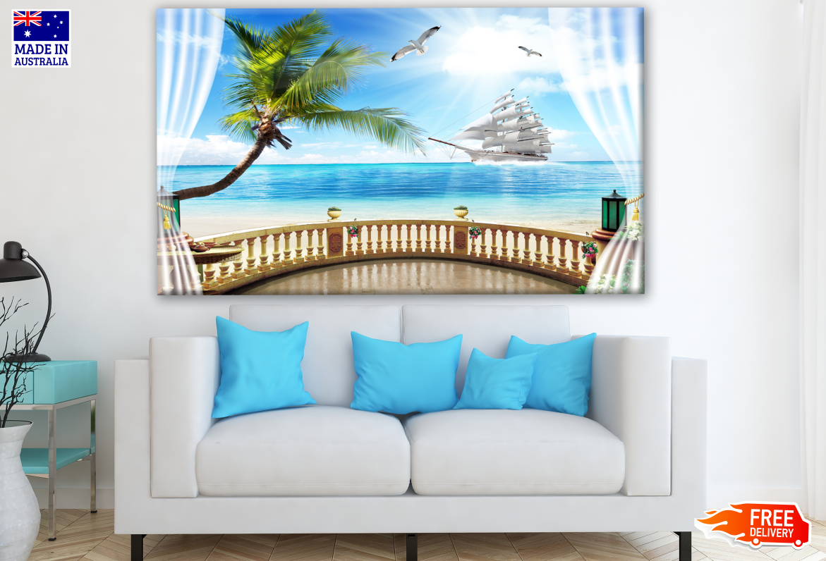 3D Sea with Beach & Birds Window View Print - 100% Australian Made - Perfect for Home & Office Decor, Coastal Themed Rooms, Gifts
