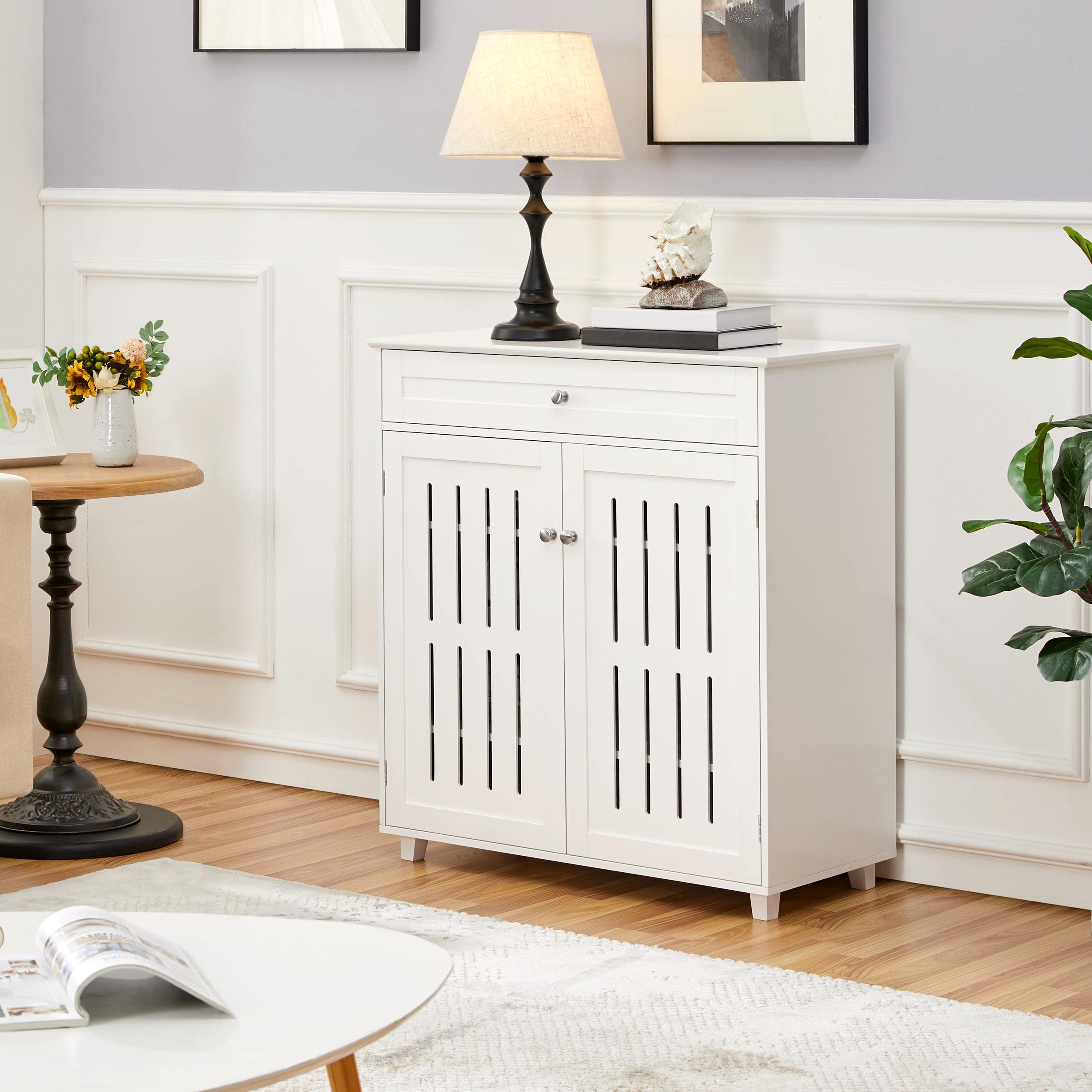 Topeakmart White Wooden Shoe Storage Cabinet with 1 Large Drawer & 4 Shelves, 2 Louvered Doors - Entryway Organizer for Shoes, Boots & Accessories - Perfect for Living Room, Hallway & Closet Organization