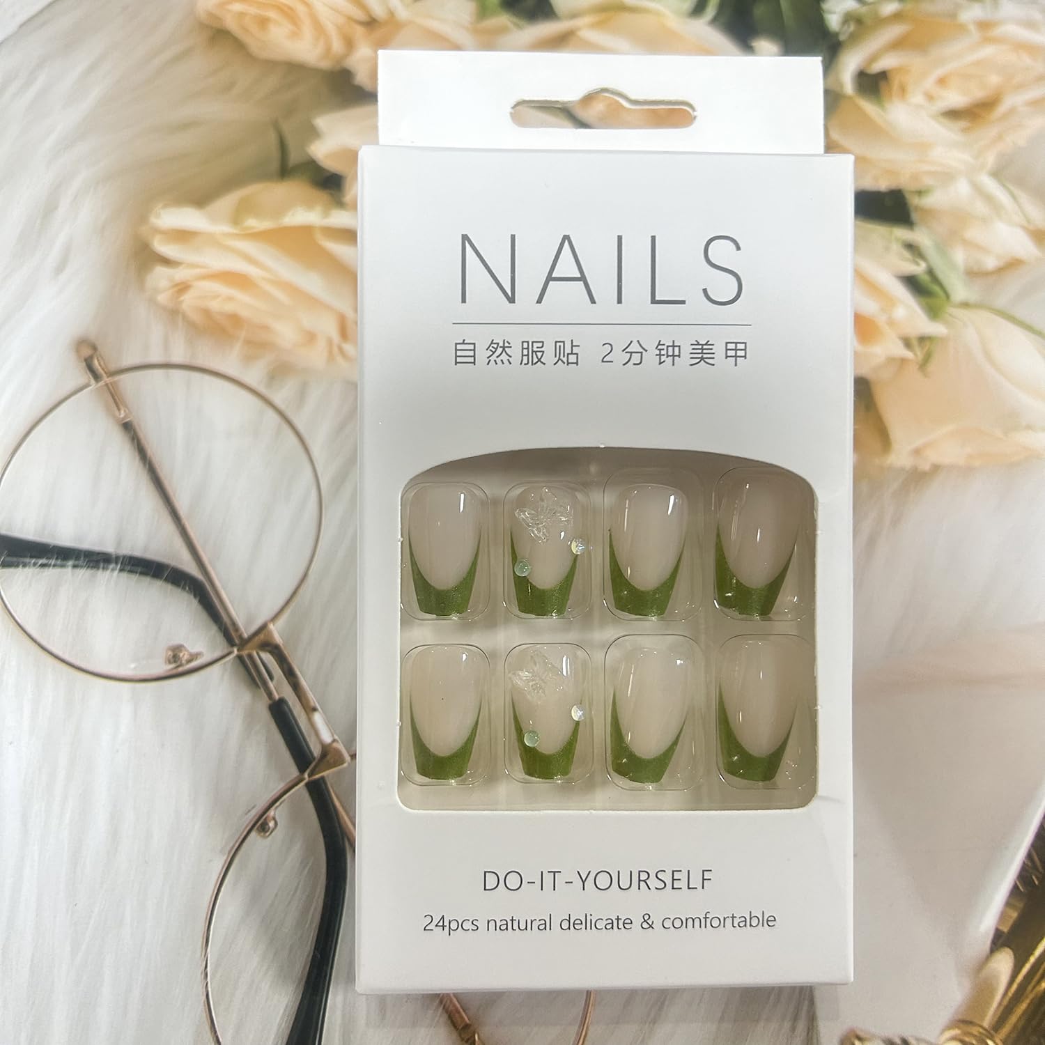 French Tip Press On Nails - Medium Length Ballet Shaped Green Acrylic False Nails 24 Pcs Kit with Nail File & Wooden Stick - Perfect for Parties, Weddings, and Everyday Wear