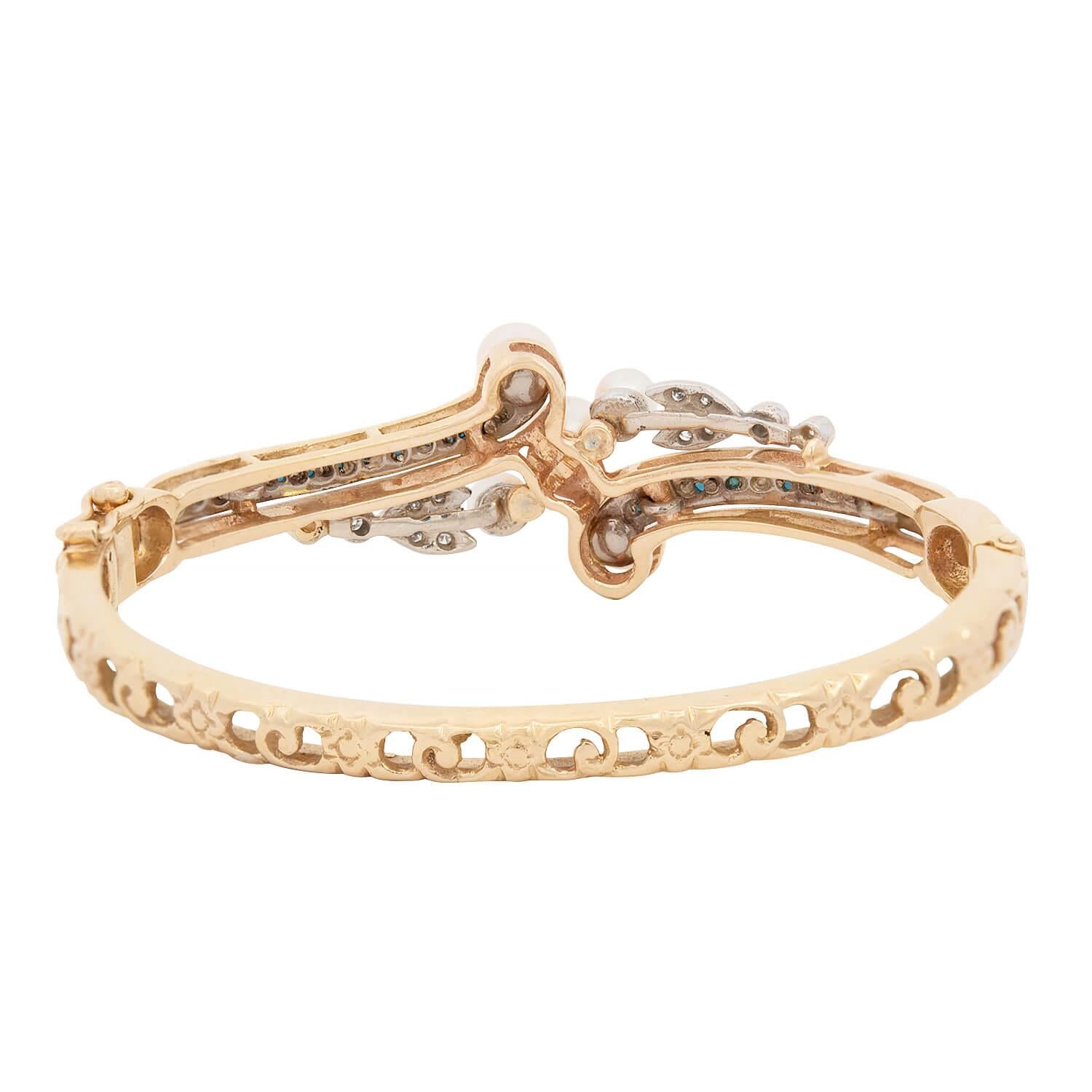 Victorian Style 14K Gold Pearl, Turquoise & Diamond Bangle Bracelet - Elegant Jewelry for Weddings, Anniversaries & Special Occasions