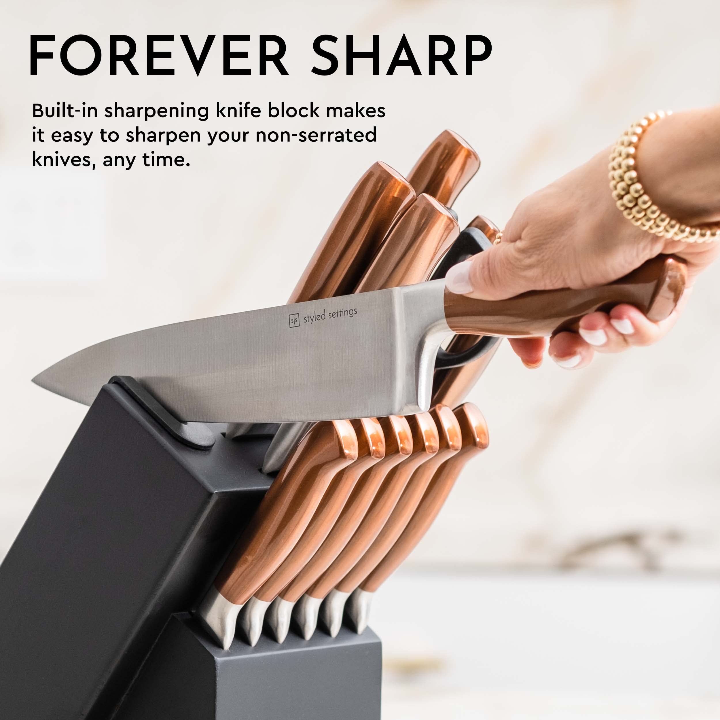 Premium 14-Piece Rose Gold Copper Knife Set with Black Knife Block & Built-In Sharpener - Professional Kitchen Knives for Cooking, Slicing & Food Prep - Perfect Gift for Chefs & Home Cooks (Ideal for Holiday Dinners, BBQ Parties & Everyday Meal Preparation)