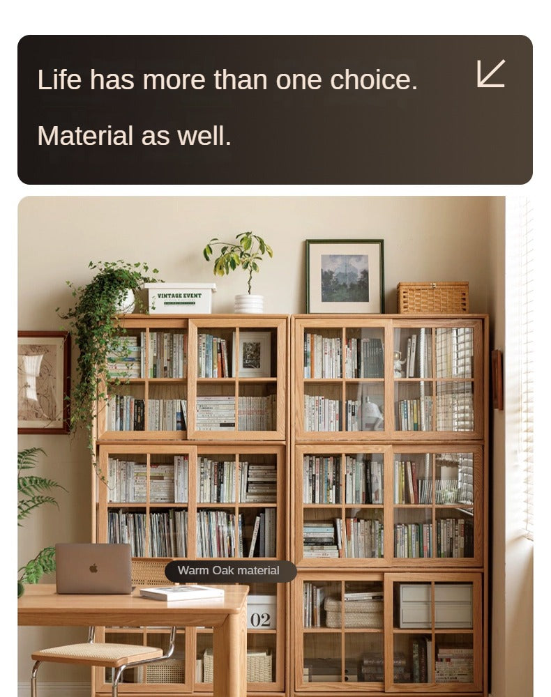 Solid Oak Wood Sliding Door Bookcase - Rustic Bookshelf for Living Room, Bedroom, or Home Office Storage