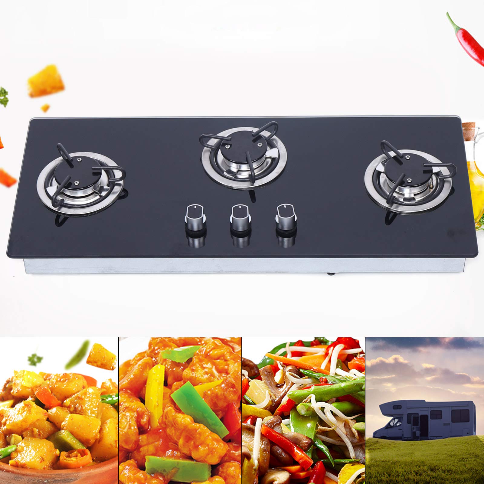 3 Burner LPG Gas Stove Hob - Black Tempered Glass RV Stove with 3D Air Intake Structure & Knob Control for RV, Boat, Caravan, Camper (Square) | Perfect for Outdoor Cooking, Camping Trips & Mobile Living