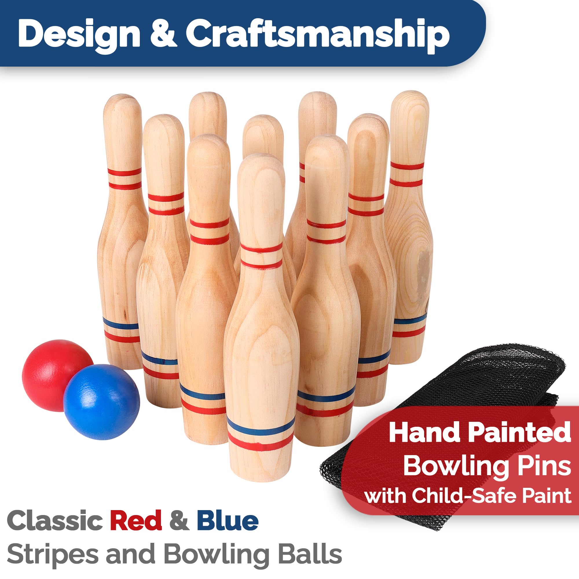 Premium Wooden Lawn Bowling Skittles Set - 11