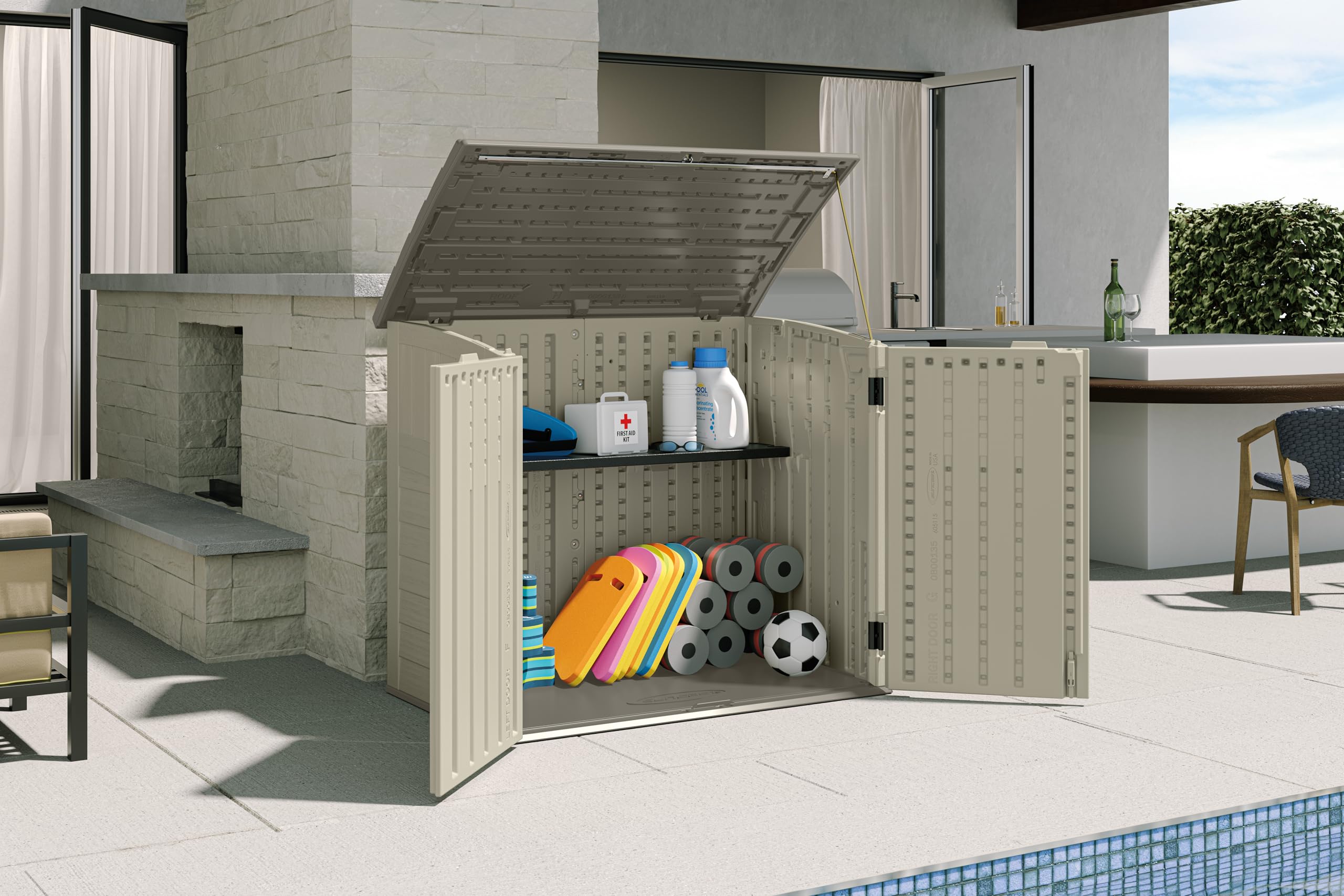 Suncast 34 Cu Ft Horizontal Outdoor Storage Shed - Weatherproof Vanilla Cabinet for Garbage Cans, Garden Tools, Lawn Equipment & Patio Furniture | Perfect for Backyard Organization, Garage Storage & Home Improvement Projects