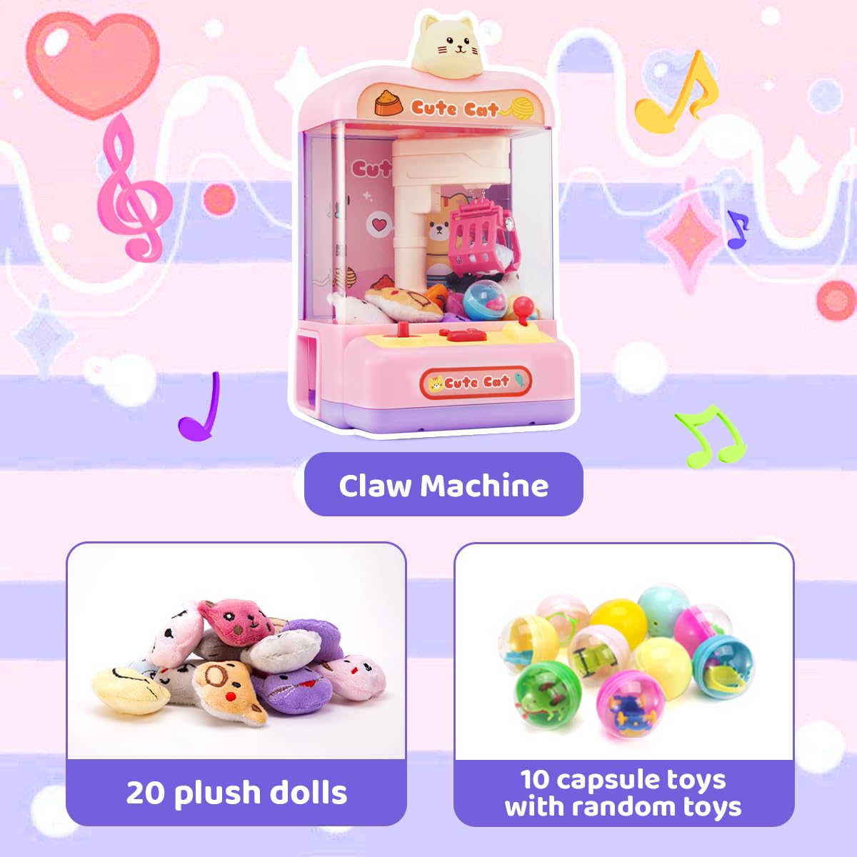 Meland Mini Claw Machine for Kids - Interactive Vending Machine Toy with Prizes & Sound Effects | Fun Birthday Gift for Girls & Boys | Perfect for Birthday Parties, Arcade Games & Home Entertainment (Cat-Themed Claw Machine)