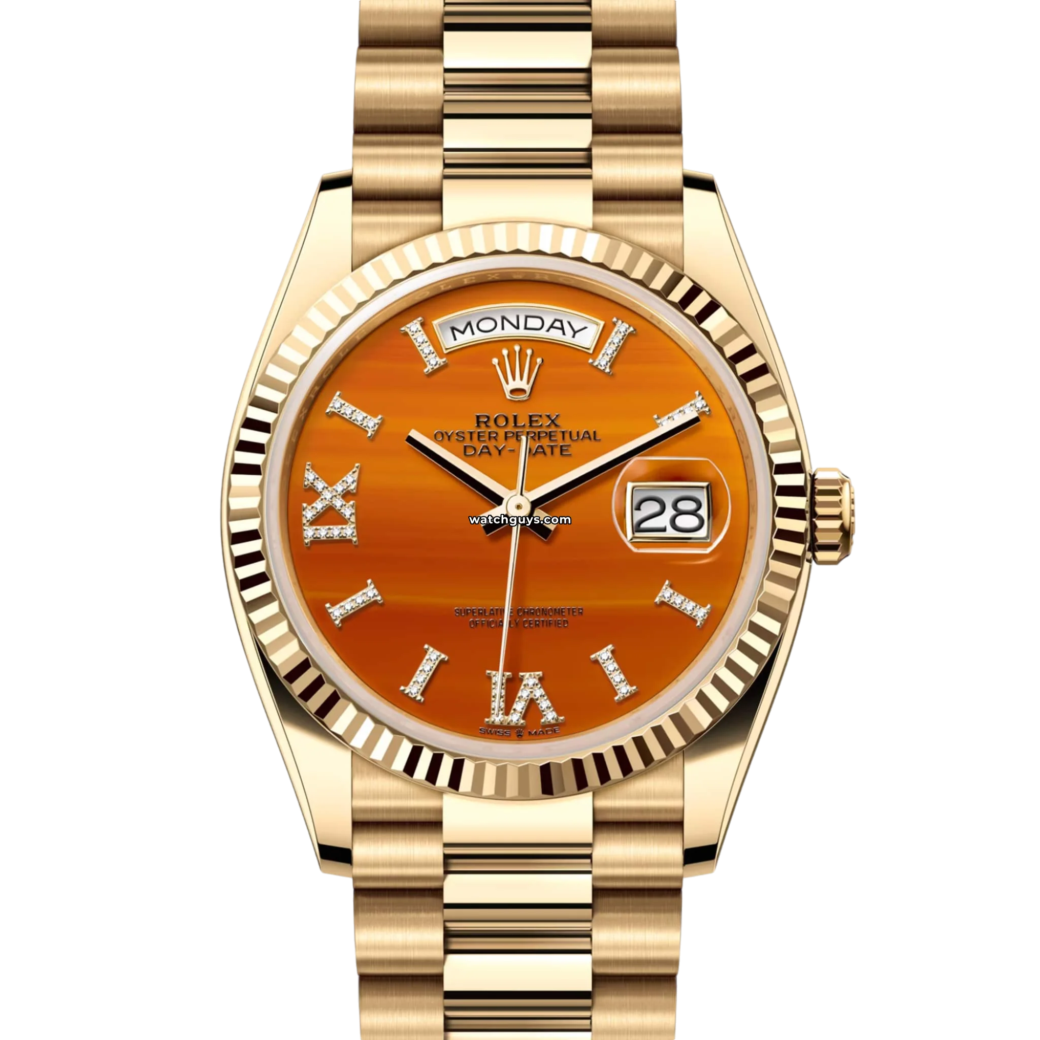 Rolex Day Date 128238 18K Yellow Gold Men's Watch with Carnelian Dial - Luxury Dress Watch for Business & Formal Occasions