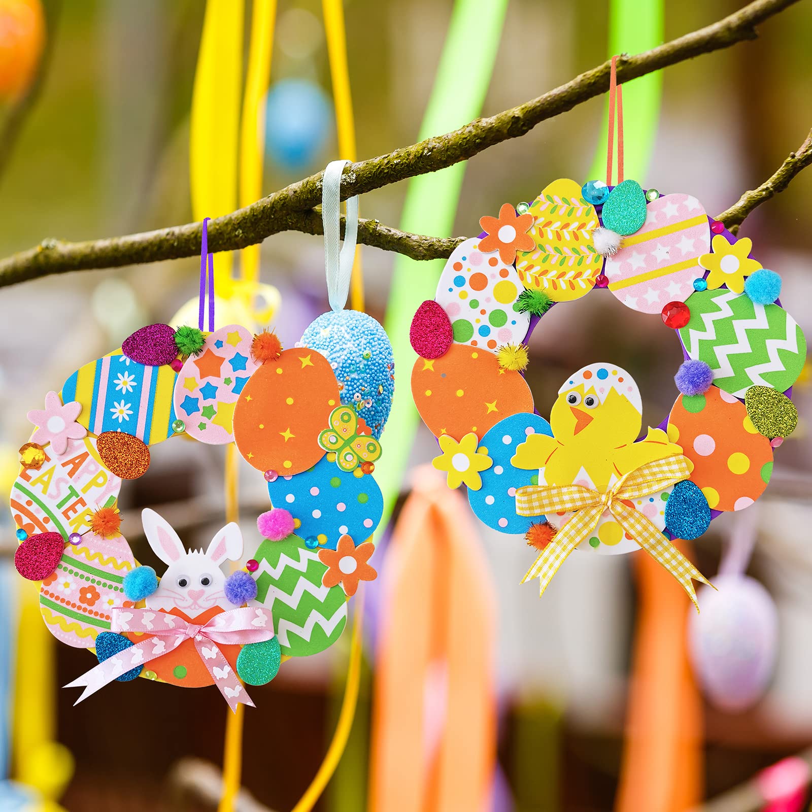 12 Sets DIY Easter Wreath Craft Kit with Foam Stickers, Pom-Poms & Googly Eyes - Bunny & Chick Decorations for Kids Classroom, Home Art Projects, Easter Party Favors & Front Door Décor - Perfect for Spring Celebrations & Holiday DIY Activities