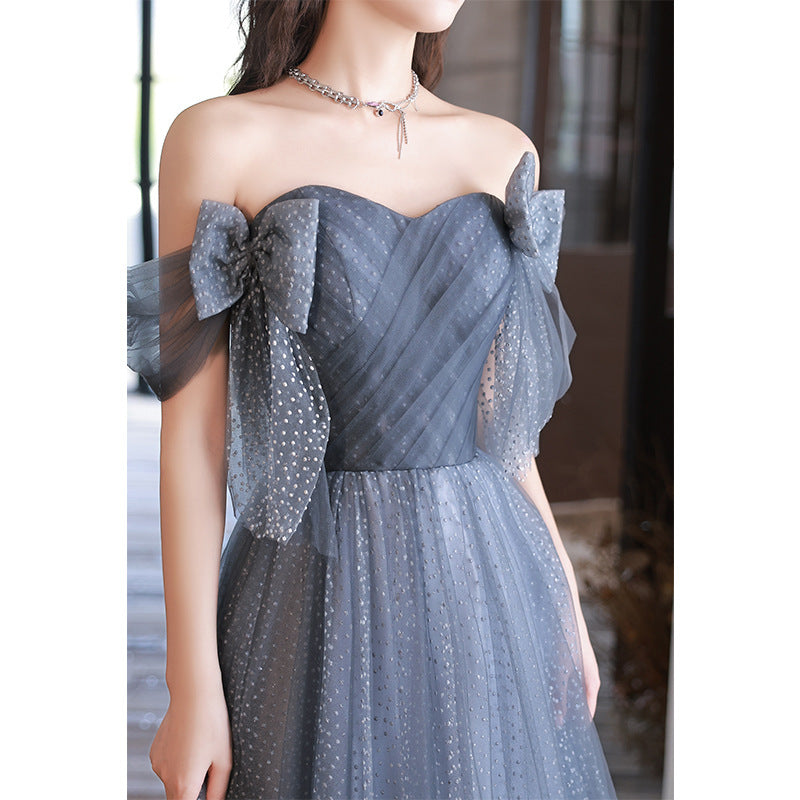 Elegant Off Shoulder Blue A-Line Prom Dress with Tulle Skirt & Bow Tie - Perfect for Evening Formal Parties, Homecoming, and Special Occasions