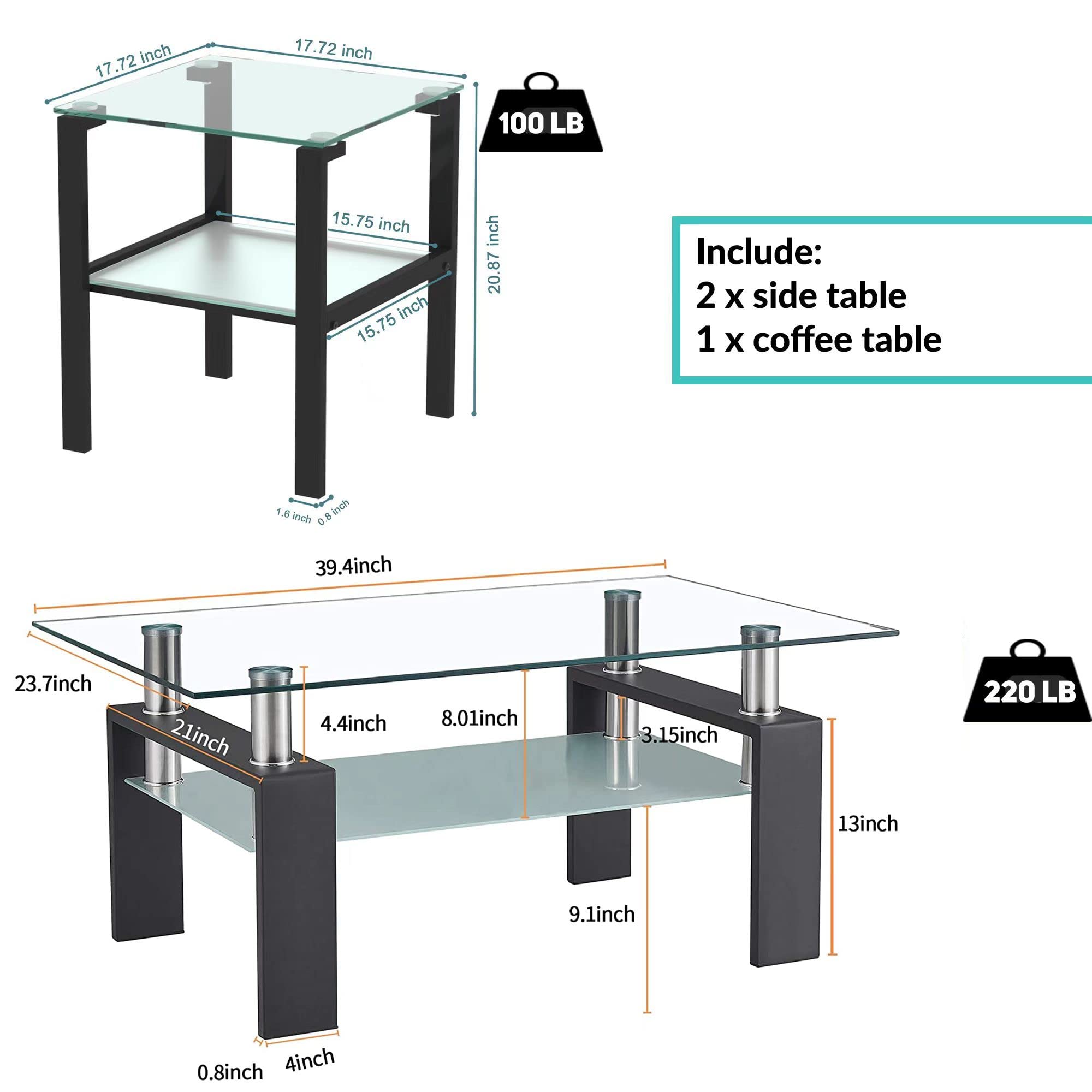 3-Piece Glass Coffee Table Set with Tempered Tabletop & Metal Frame - Black Living Room Furniture for Small Spaces & Apartments | Perfect for Modern Homes, Condos, and Office Lounges