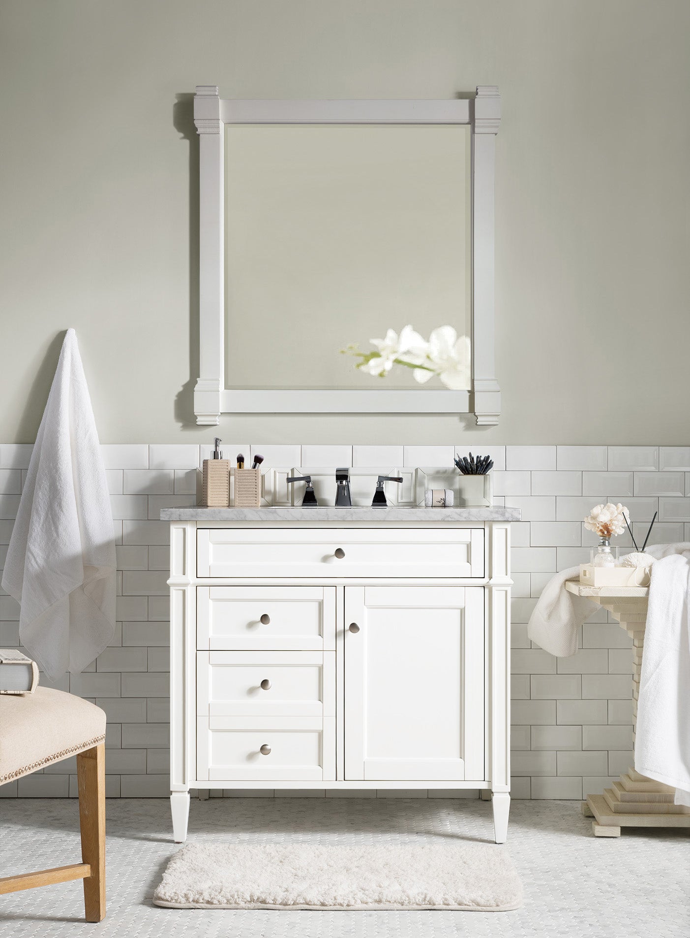 Brittany 36-Inch Bright White Bathroom Vanity with 3CM Carrara Marble Top - Perfect for Modern Master Bathrooms & Powder Rooms