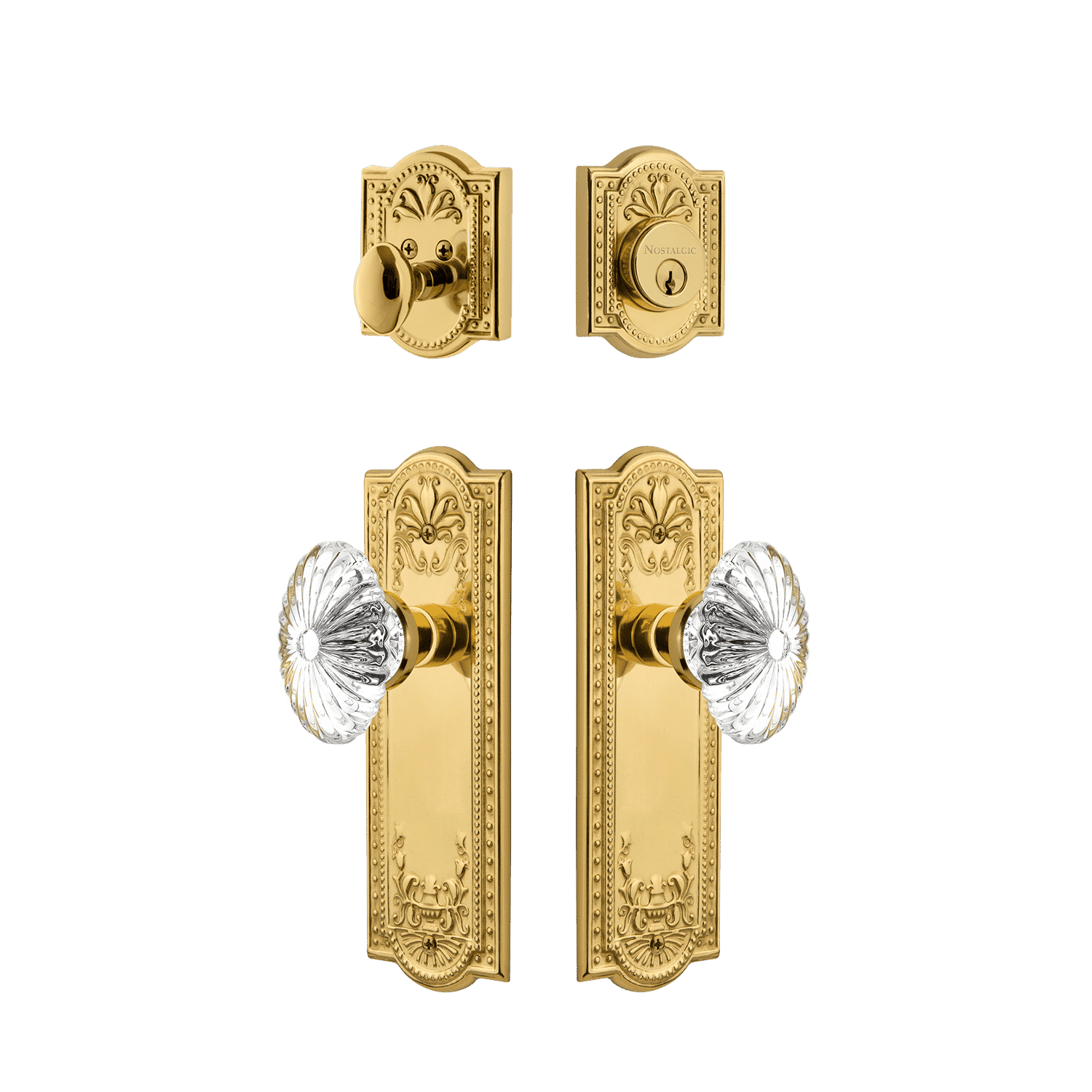 Elegant Meadows Entry Set with Oval Fluted Crystal in Unlacquered Brass - Perfect for Vintage Home Decor & Luxury Door Handles