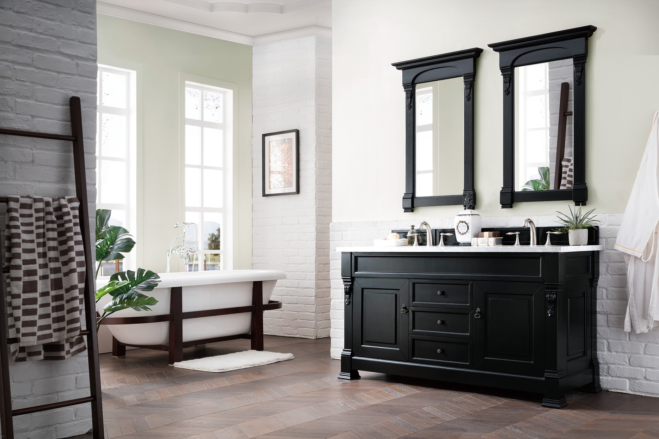 Brookfield 60 Inch Double Sink Bathroom Vanity in Antique Black with 3CM Carrara Marble Top - Perfect for Master Bathroom Remodeling and Modern Home Decor