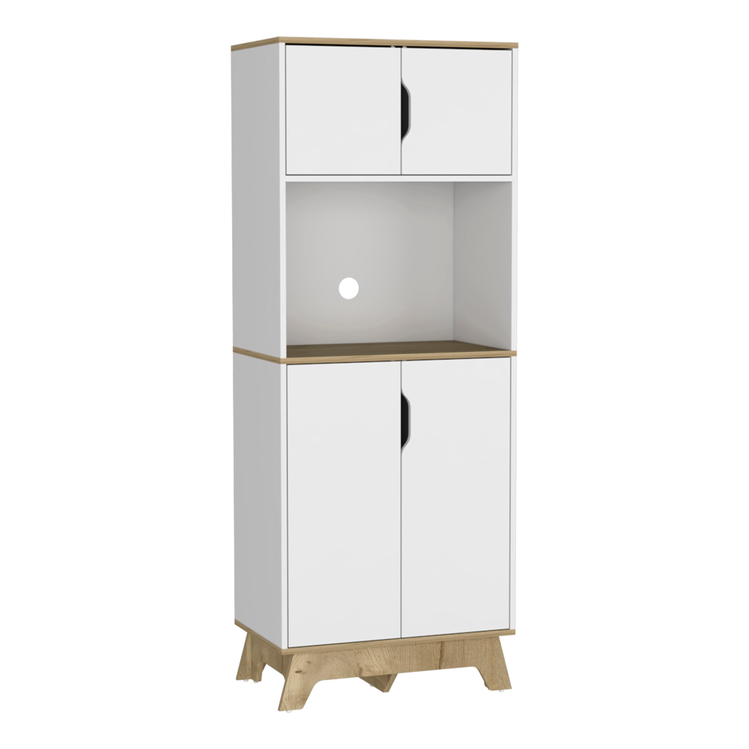 Tuhome Pamplona Microwave Tall Cabinet with Double Doors - Light Oak/White Finish - Perfect for Kitchen Storage & Countertop Organization