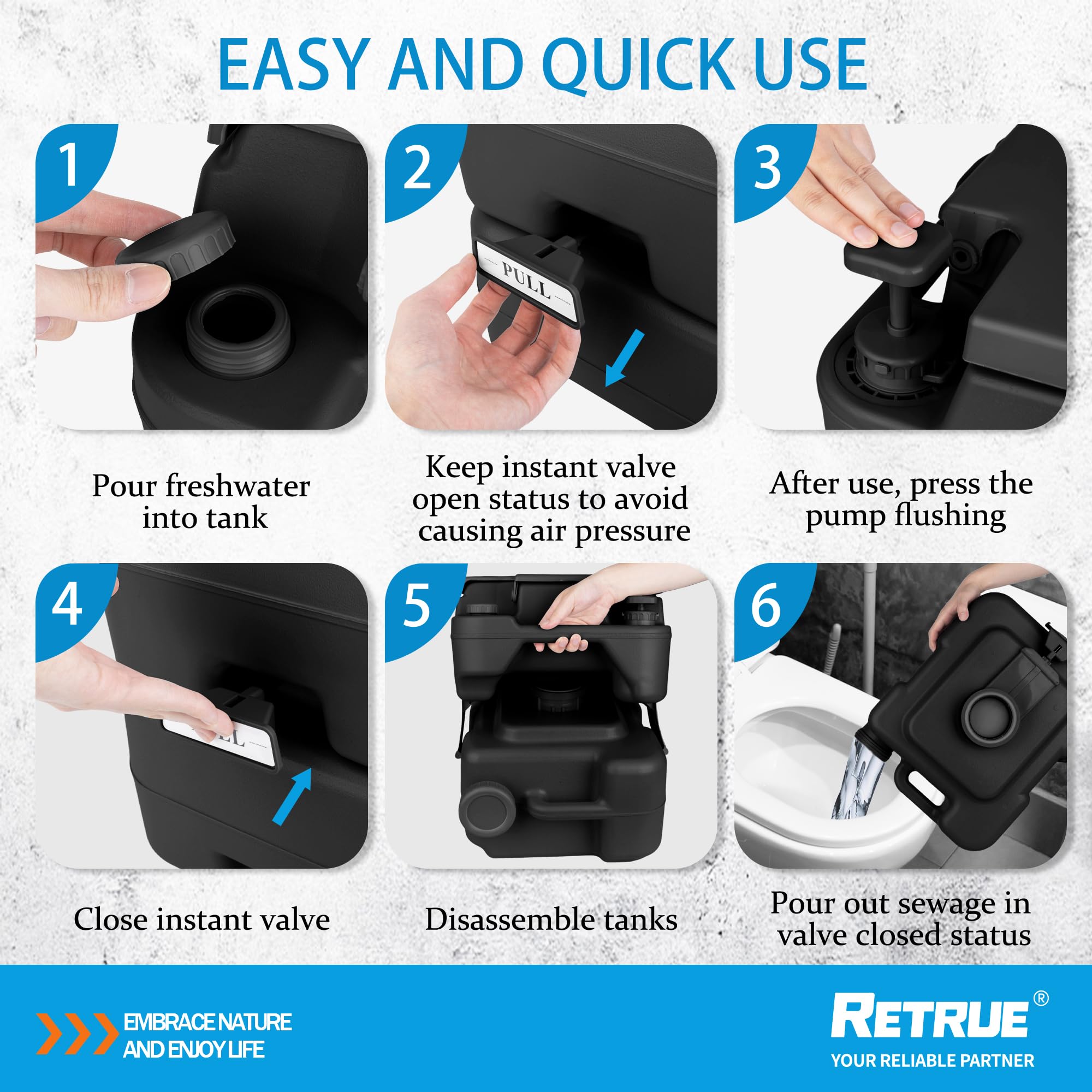 RETRUE 5.3 Gallon Portable Camping Toilet - Leak-Proof Travel Porta Potty with Detachable Waste Tank & Upgraded Flush Pump | Ideal for RV, Boat, Camping & Outdoor Adventures | Perfect for Road Trips, Hiking & Emergency Preparedness