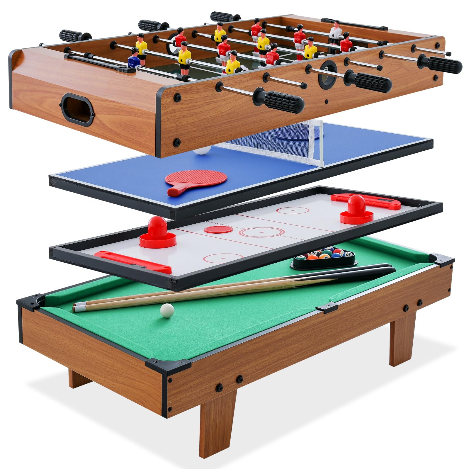 Goplus 4-in-1 Multi Game Table Set - Pool Billiards, Air Hockey, Foosball & Table Tennis Combo - Stackable Arcade Tabletop for Home, Game Room, Family Party & Indoor Entertainment