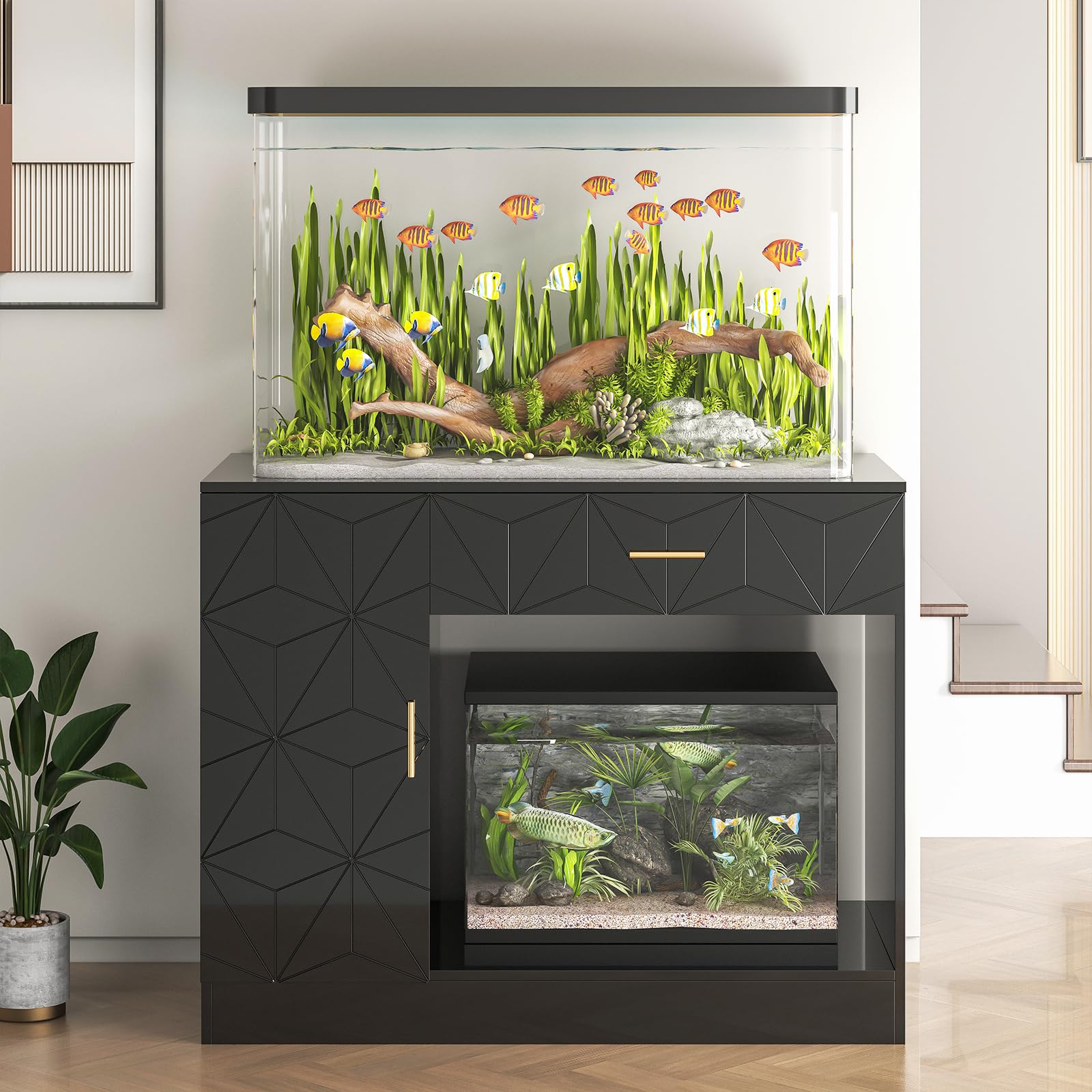 40 Gallon Fish Tank Stand - Heavy Duty Black Aquarium Stand for 29-50 Gallon Tanks with Drawer & Cabinet - Sturdy & Durable for Home, Office or Pet Store Use