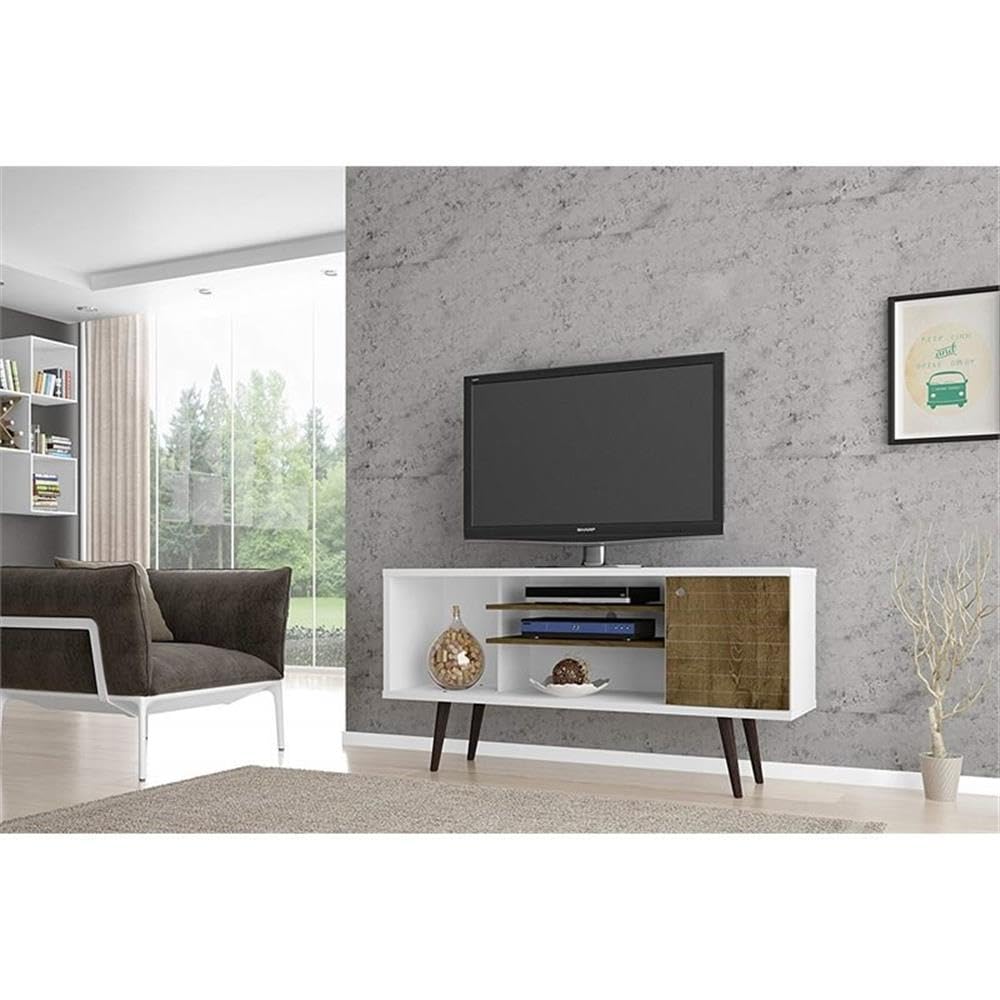 BOWERY HILL 3-Shelf Solid Wood TV Stand for TVs up to 50 Inches - White/Brown Finish - Perfect for Living Room, Bedroom & Home Entertainment Center