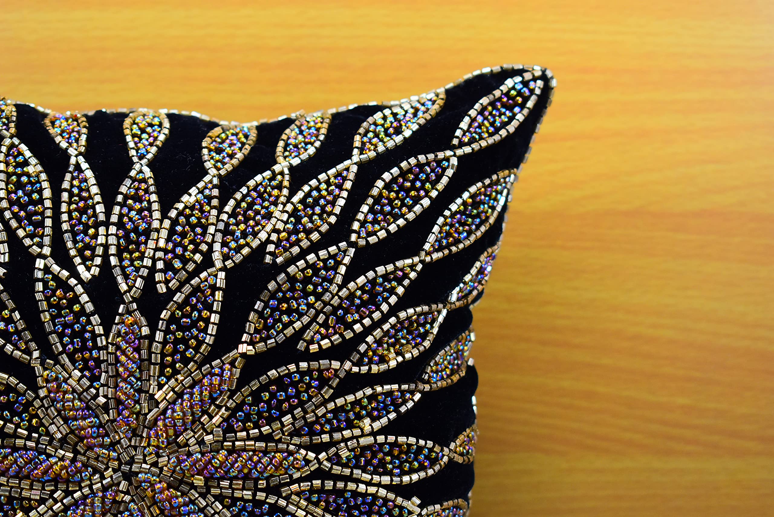Luxury Black Gold Beaded Throw Pillow Cover 24x24 Inches - Contemporary Silk Embroidered Cushion Cover for Sofa, Bedroom Decor - Elegant Home Decoration Gift for Housewarming, Wedding & Special Occasions
