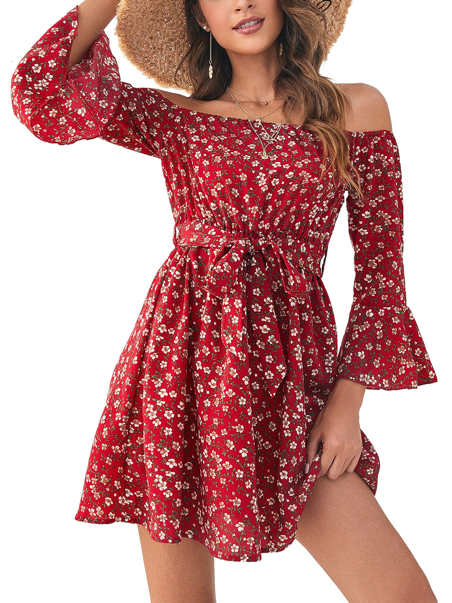 JECEIKA Women's Off Shoulder Ruffle Floral Summer Dress - A-Line Short Skater Dress with Belt for Wedding Guest, Party & Beach Vacation | Elegant Cocktail Dress for Bridal Shower, Date Night & Special Occasions