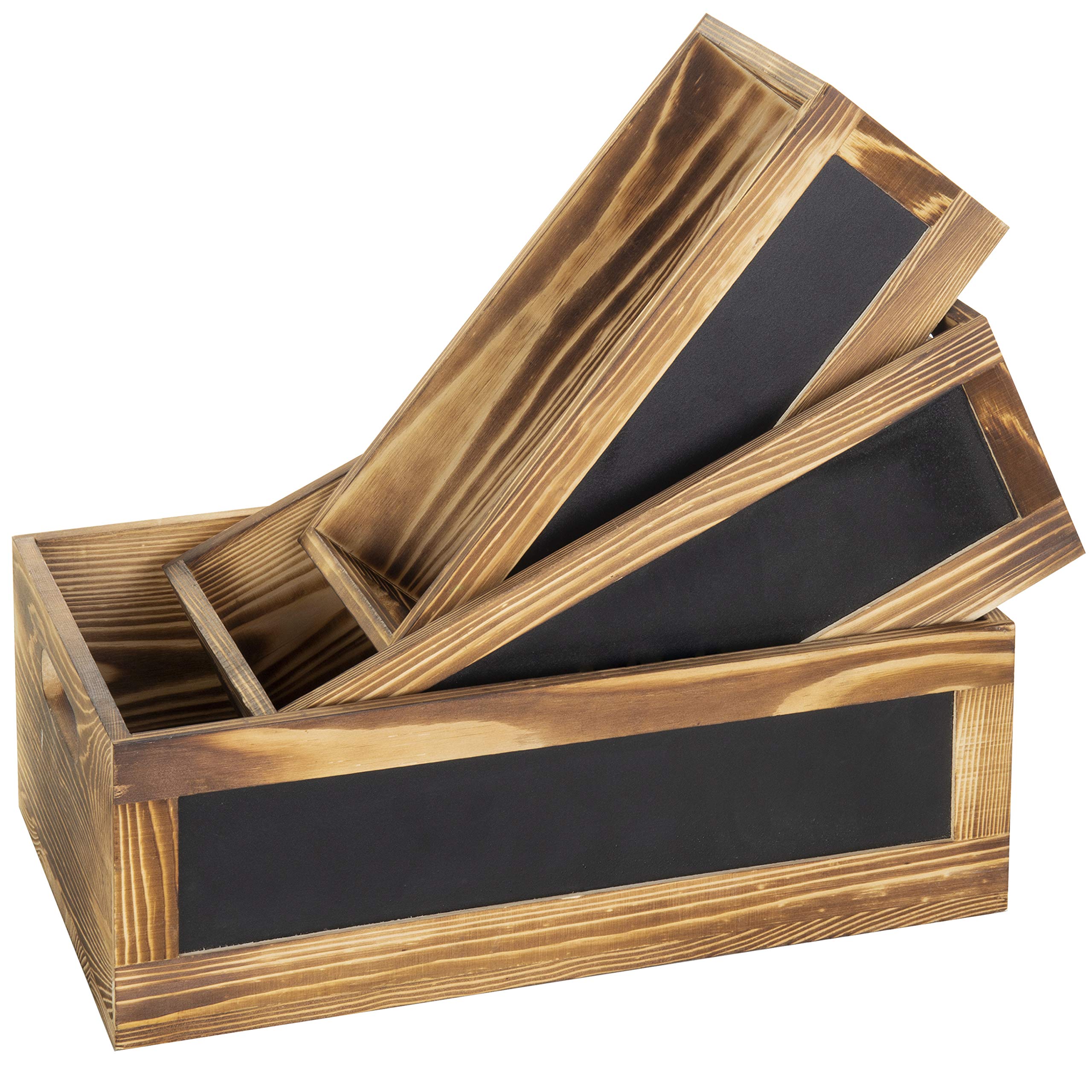 Rustic Burnt Wood Nesting Storage Bins with Chalkboard Panel & Cutout Handles - Farmhouse Decorative Stackable Wooden Open Top Boxes, 3-Piece Set - Perfect for Home Organization, Pantry Storage & Farmhouse Decor