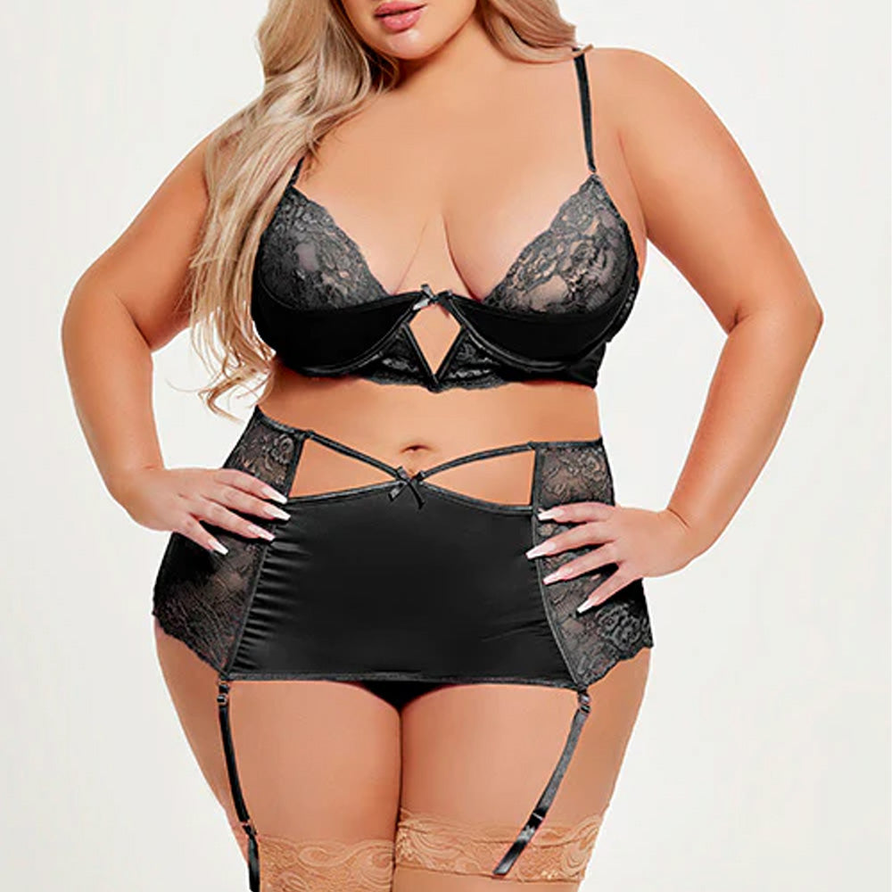 House of Desire Natasha Lace & Satin Bra Set with Garter Skirt & Thong - Plus Size Lingerie for Women | Perfect for Valentine's Day, Bridal Shower & Romantic Nights