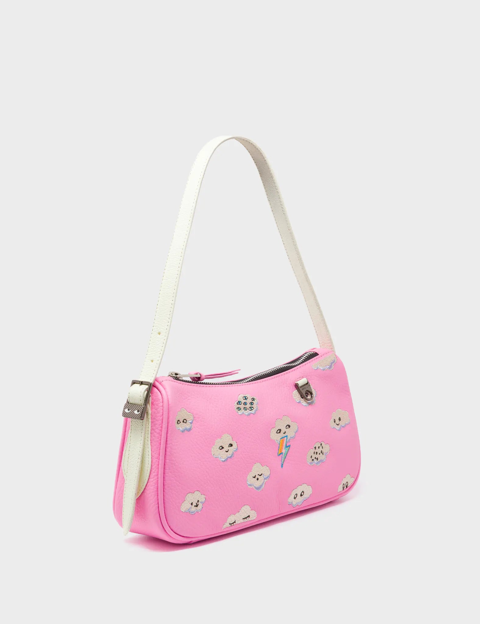 Lucas Hobo Mini Bubblegum Pink Handbag with Happy Clouds Embroidery - Stylish Crossbody Purse for Women, Perfect for Casual Outings & Date Nights