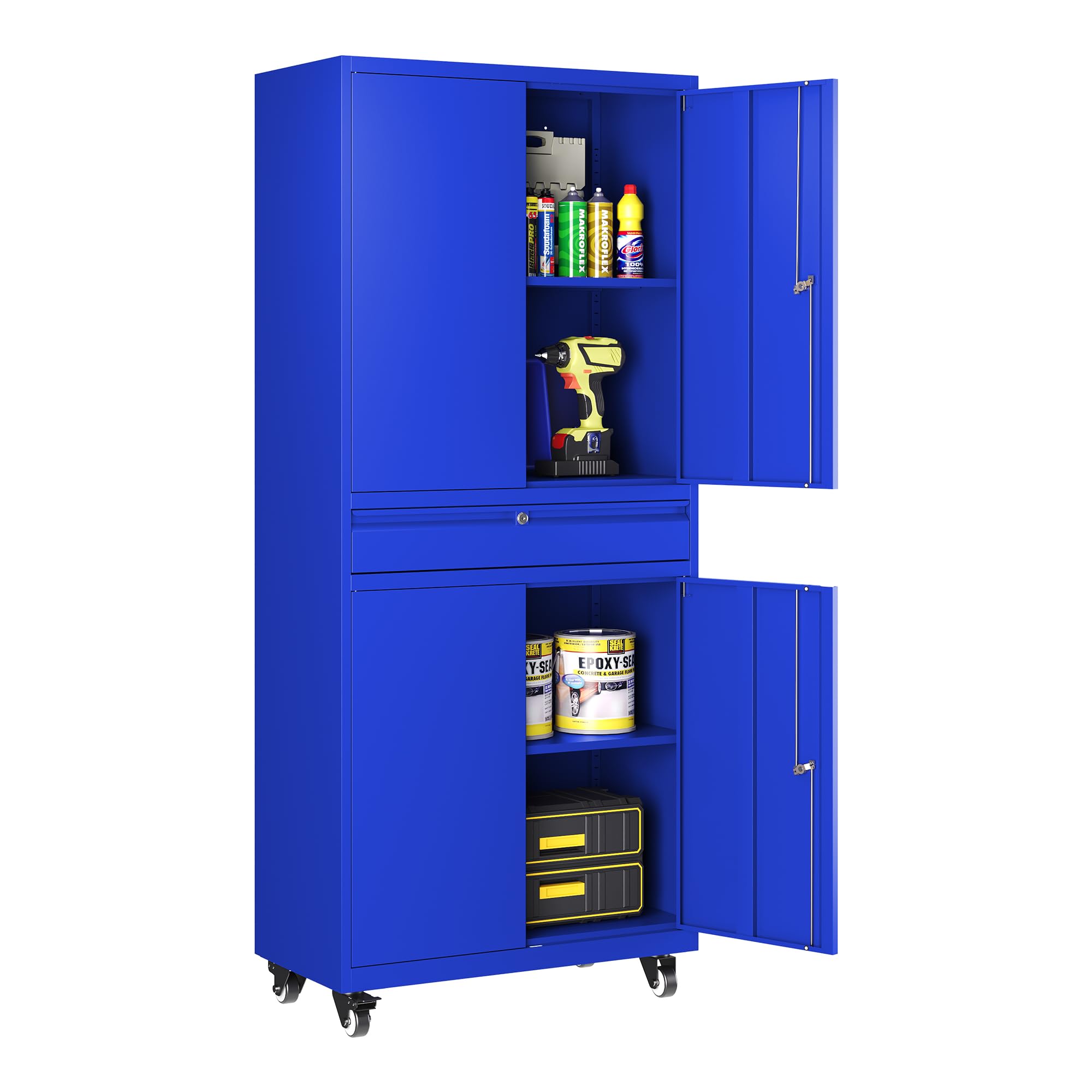 LISSIMO Metal Garage Storage Cabinet with Lock, Adjustable Shelves & Drawer - Heavy Duty Rolling Tool Organizer for Workshop, Garage, School & Home Use (Blue)