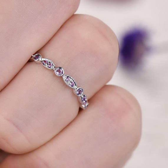14K White Gold Amethyst Marquise Wedding Band for Women - Elegant Half Eternity Engagement Ring, Promise Ring & Anniversary Gift (Perfect for Bridal Jewelry, Romantic Proposals & Special Occasions)