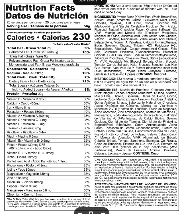 VIVRI Shake ME - Vegan Chocolate Protein Powder Meal Replacement Shake | 20 Servings | High in Fiber, Vitamins & Minerals | Easy Mix with Water | Perfect for Post-Workout Recovery & Healthy Weight Management