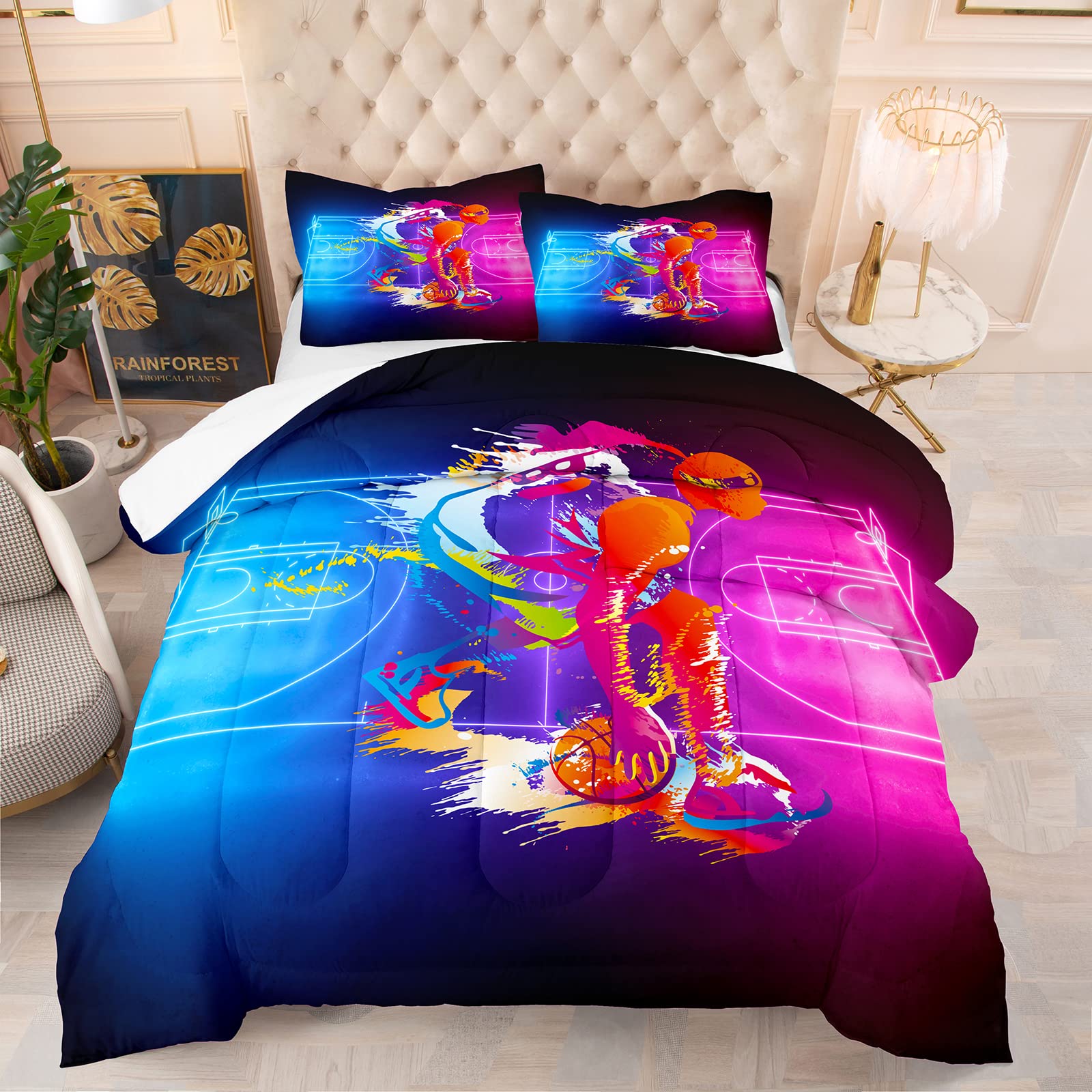 Basketball Comforter Set for Kids & Teens - King Size Bedding with 1 Comforter & 2 Pillowcases - Gradient Color Basketball Court Design - Perfect for Boys Room Decor, Sports Themed Bedroom & Basketball Player Gifts