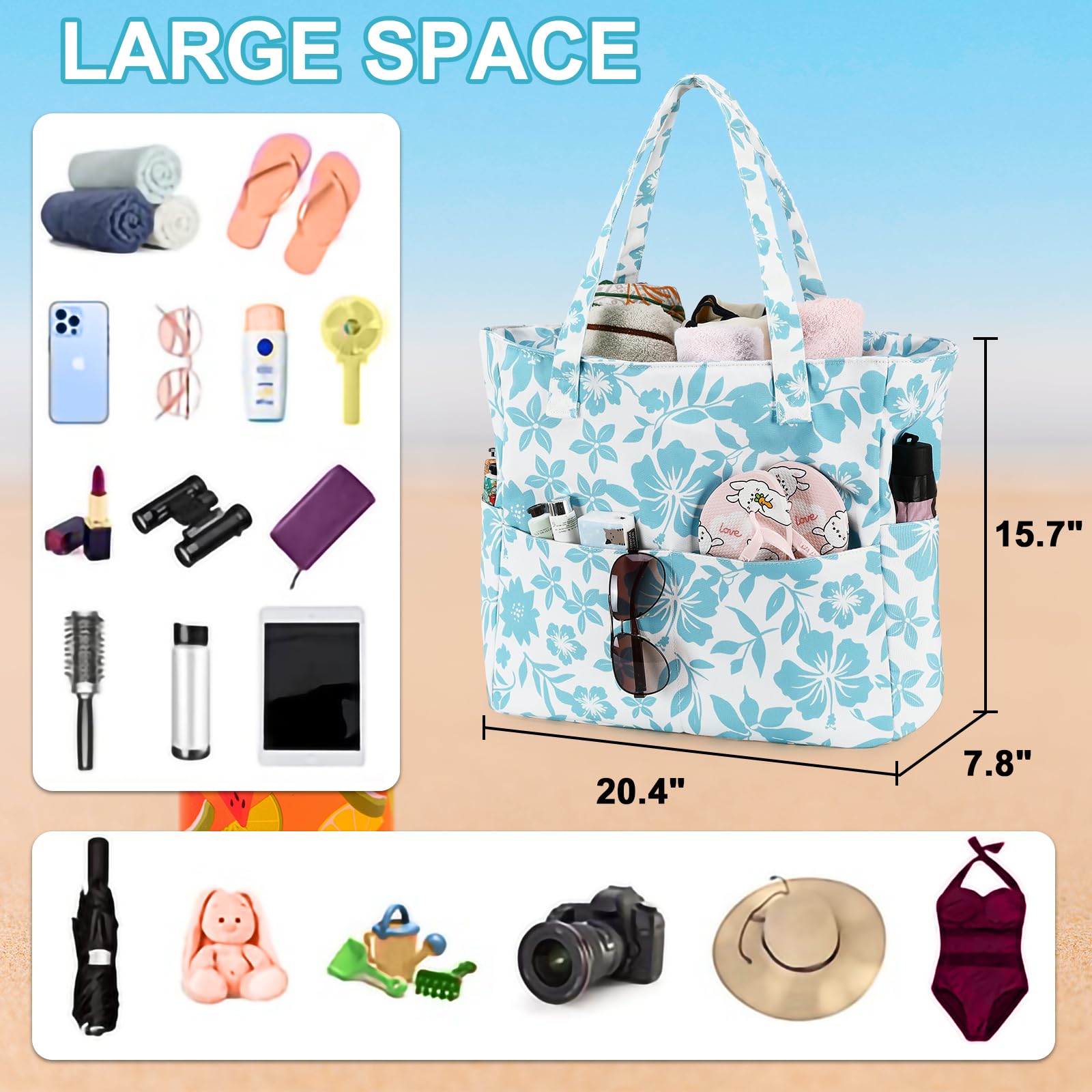 LEDAOU Large Waterproof Beach Tote Bag for Women - Sandproof Zippered Pool & Gym Bag with Wet Pocket - Perfect for Beach, Travel, Shopping & Groceries