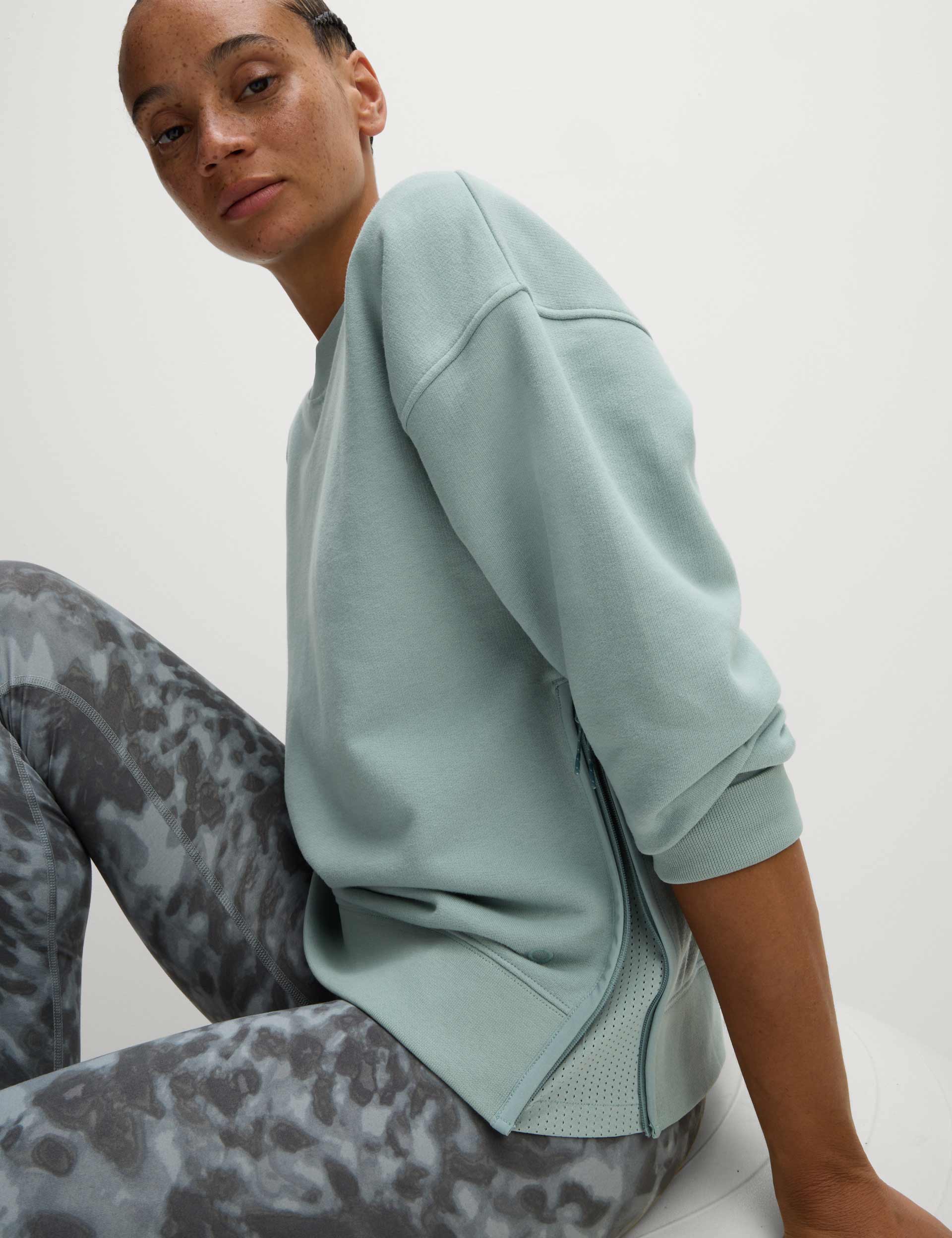 Soft Cotton Rich Mesh Panel Relaxed Sweatshirt - Light Mint Green | Comfortable Casual Wear for Women | Perfect for Lounge, Yoga & Everyday Outfits