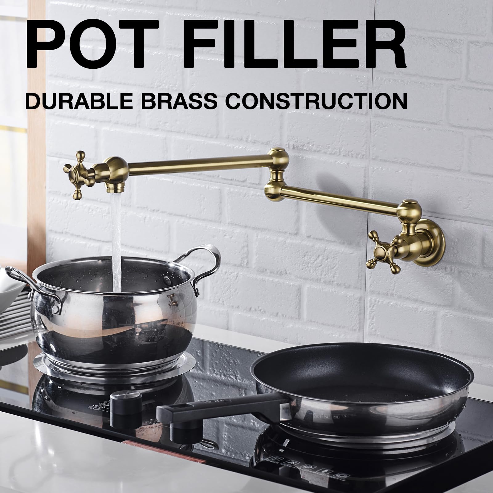 TRUSTMI Brass Wall Mount Pot Filler Faucet - Brushed Gold Kitchen Sink Faucet with Double Joint Swing Arm for Easy Pot Filling | Perfect for Home Kitchen, Restaurant & Commercial Use