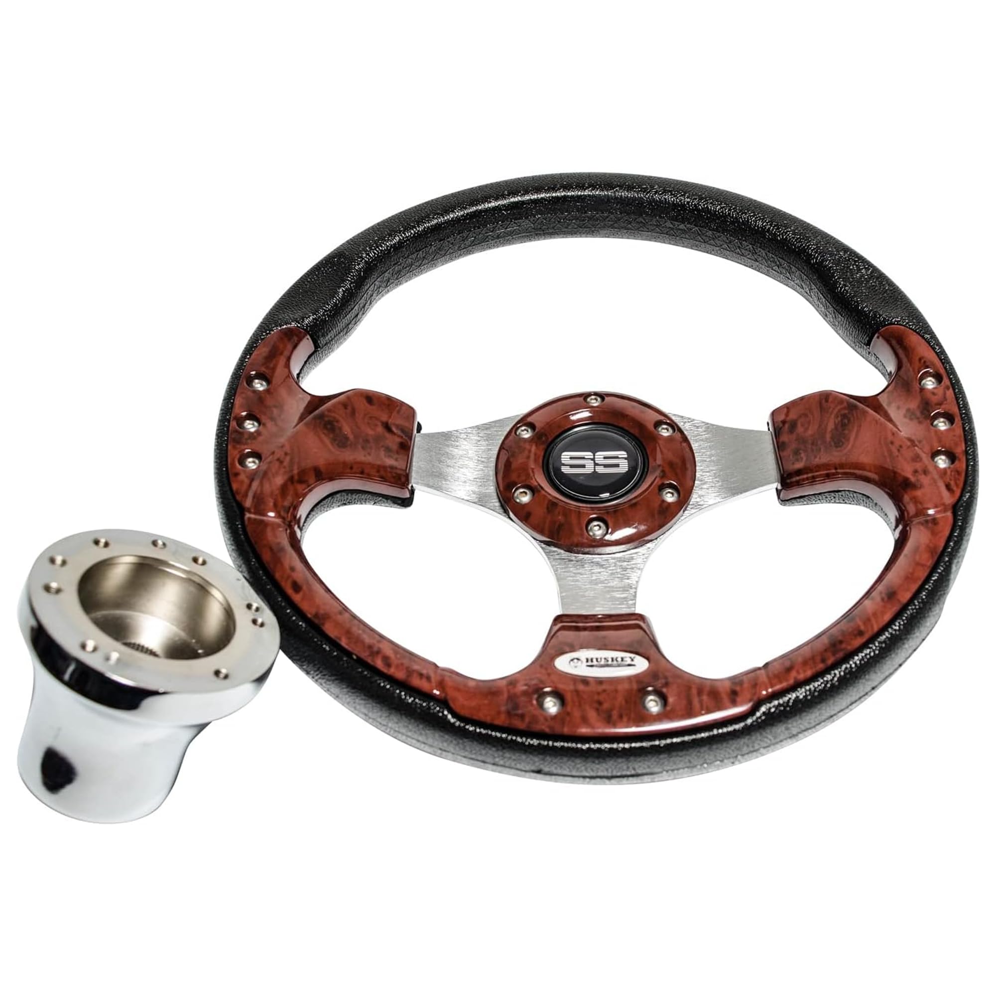 Huskey 12.5 Inch Classic Wood Grain Golf Cart Steering Wheel - Compatible with Yamaha G16-G29 Drive/Drive 2 Gas & Electric Models - Super Sport Center Logo, Brushed Aluminum Spokes & Anti-Slip Grip - Perfect for Golf Course Rides, Neighborhood Cruising & Utility Vehicle Upgrades
