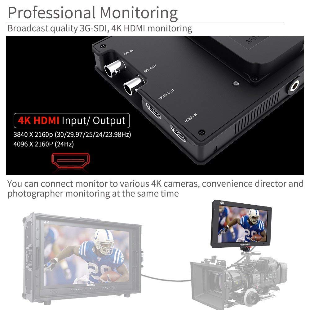 Feelworld FW703 7 Inch IPS Full HD 1920x1200 4K On-Camera Monitor with 3G-SDI/HDMI Input & Output - Professional DSLR Camera Field Monitor for Filmmaking, Vlogging, and Live Streaming