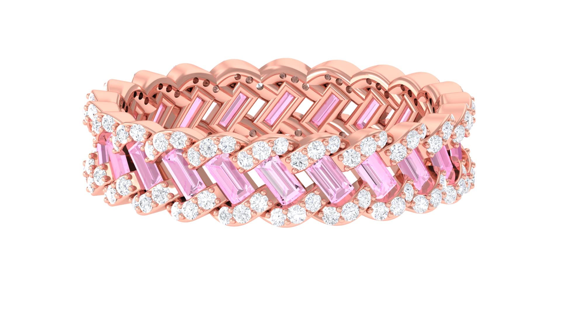 2.25 CT Pink Sapphire and Diamond Wedding Ring - 14K Solid Gold Braided Band with Baguette Cut September Birthstone - Elegant Engagement, Anniversary, or Gift for Her