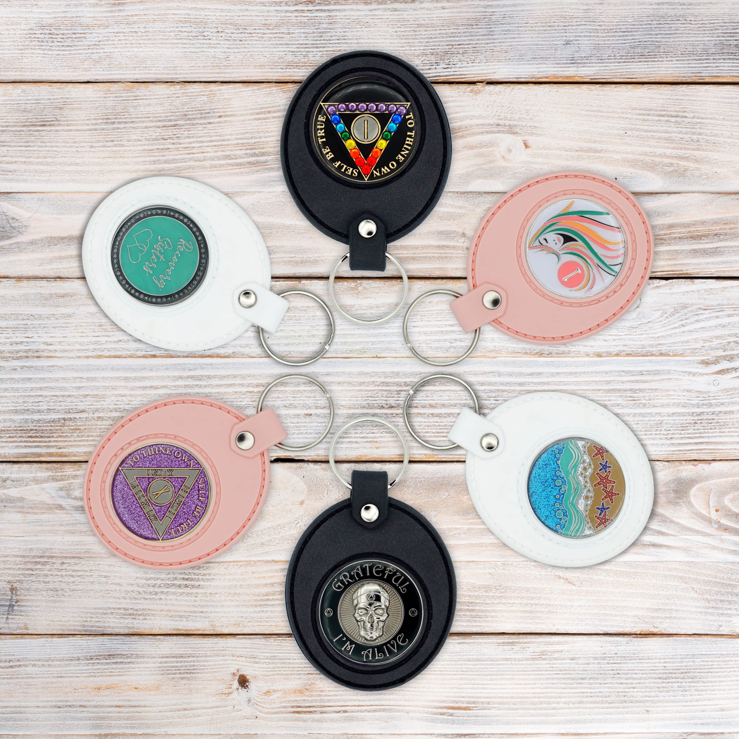 AA Coin Holder Keychain - Displays Both Sides of Sobriety Chips, Medallions & Recovery Tokens | Waterproof Scratch-Resistant Silicone Key Ring for Apple AirTag (Black) - Perfect for 12-Step Meetings, Travel & Daily Sobriety Reminder