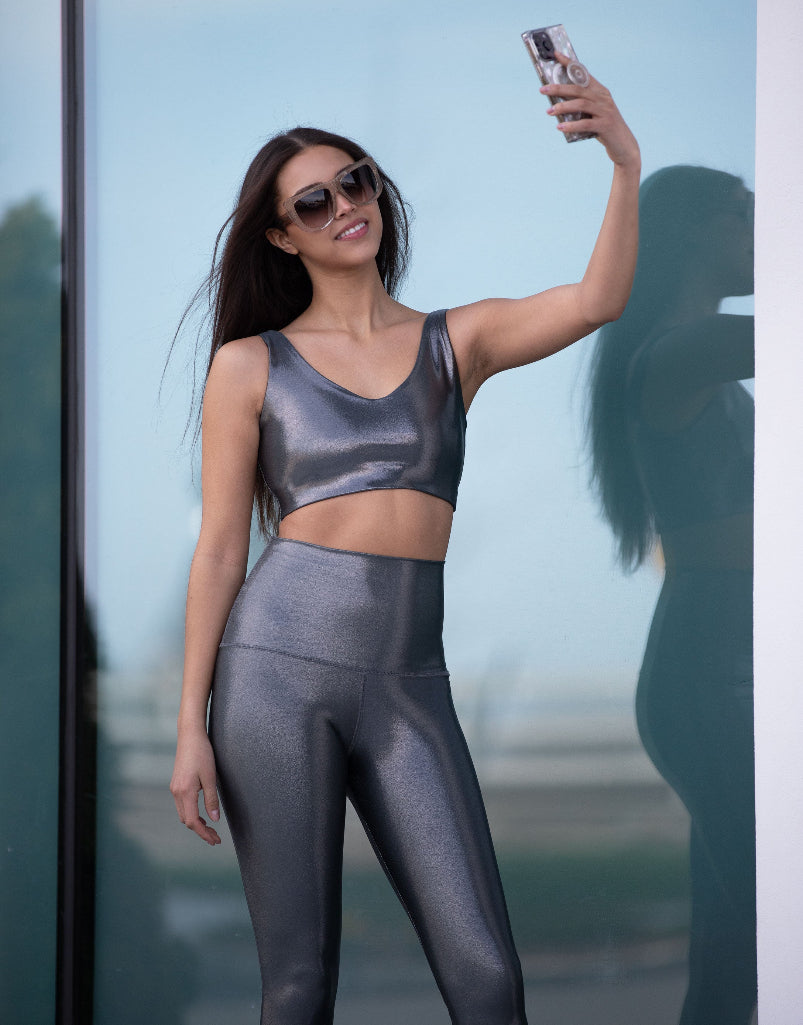 Gunmetal Shimmer V Neck Crop Top and Shorts Set - Sexy Two Piece Outfit for Women | Perfect for Clubbing, Date Night & Summer Fashion