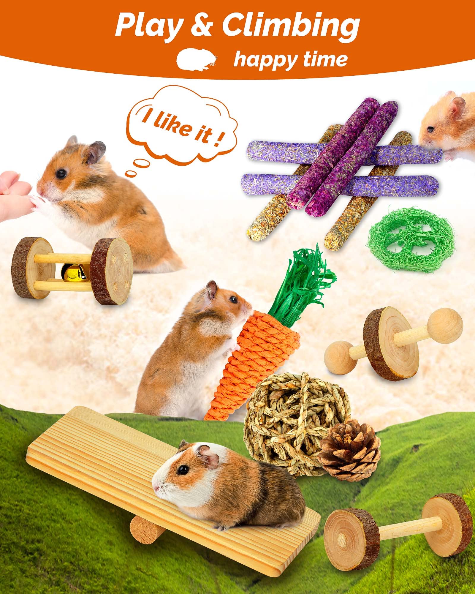 18 Pcs Natural Apple Wood Small Animal Chew Toys for Hamsters, Guinea Pigs, Rabbits, Chinchillas, Gerbils & Rats - Teeth Molar Exercise Accessories for Cage Enrichment & Dental Health