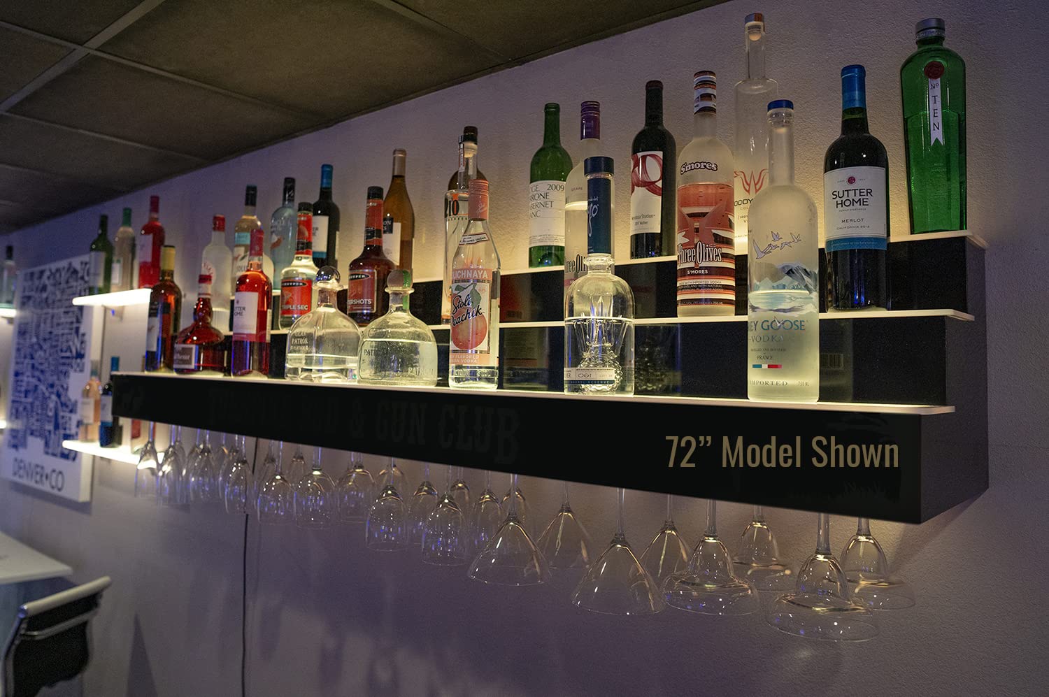 3 Tier Wall Mounted Liquor Bottle Shelf with Wine Glass Rack & LED Lights - 12 Bottle Capacity - Perfect for Home Bar, Kitchen, Dining Room, and Entertainment Areas